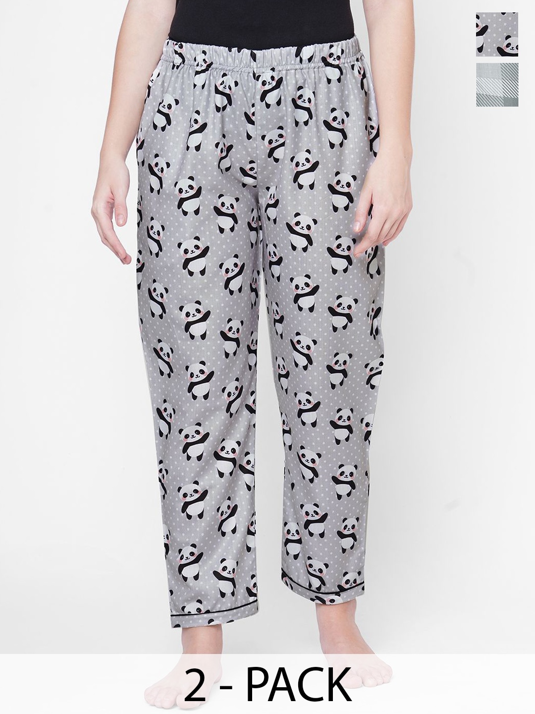 

NOIRA Women Pack Of 2 Printed Mid-Rise Lounge Pants, Grey