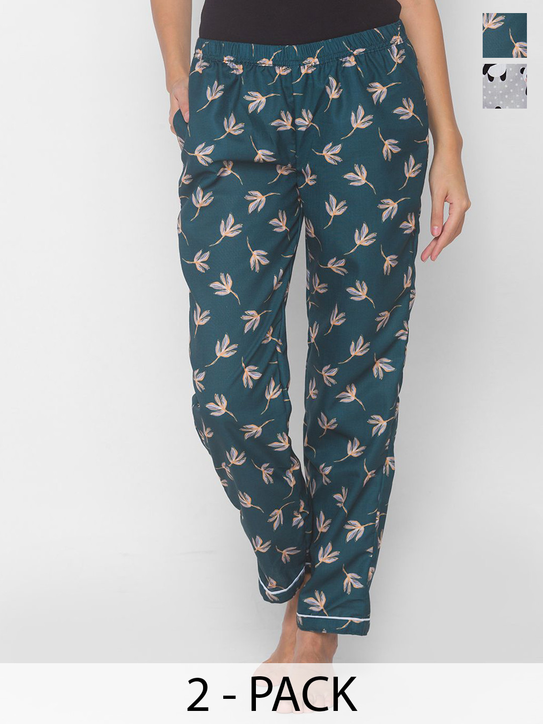 

NOIRA Women Pack Of 2 Printed Mid-Rise Lounge Pants, Grey