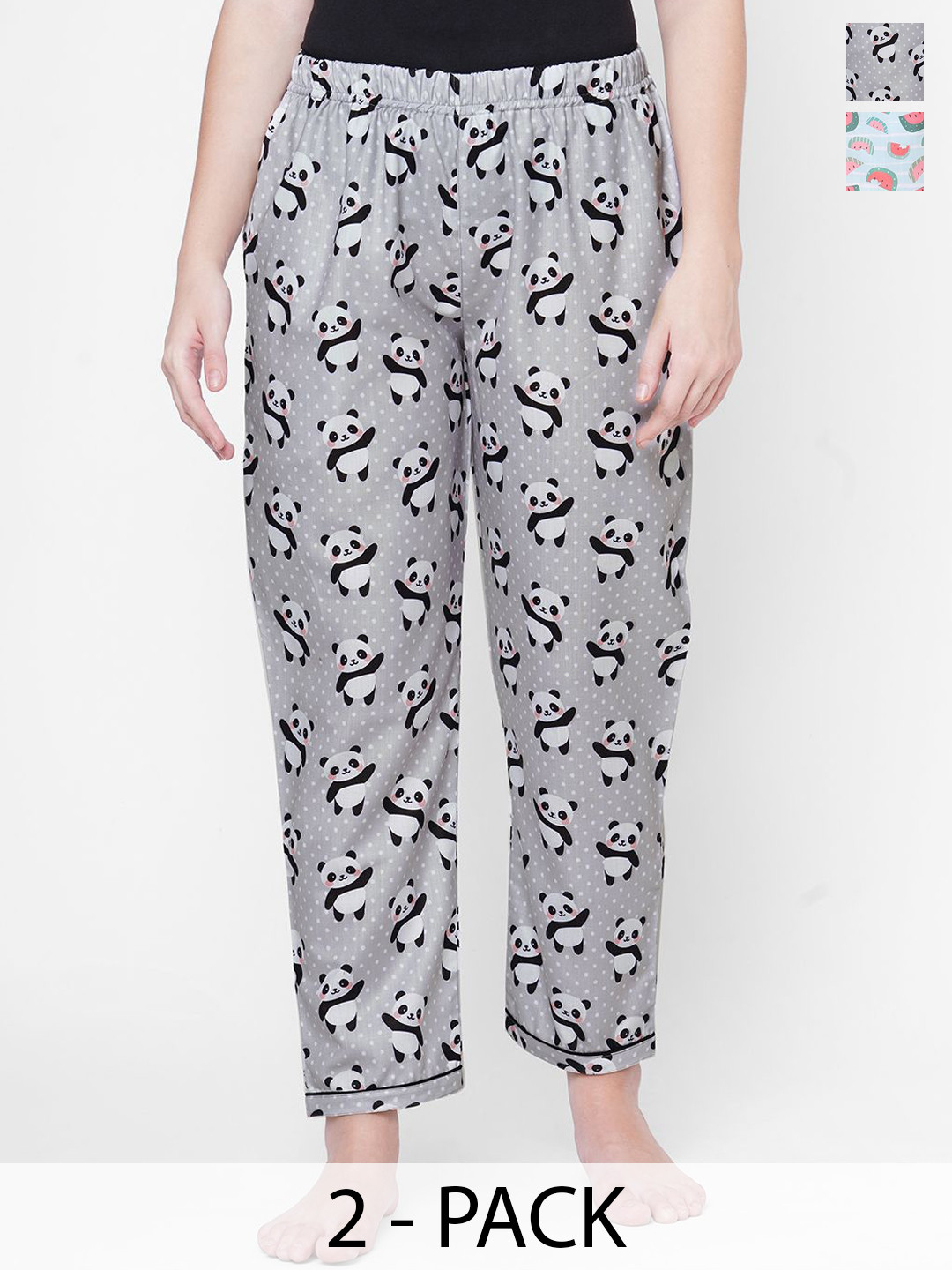 

NOIRA Women Pack Of 2 Printed Mid-Rise Lounge Pants, Grey