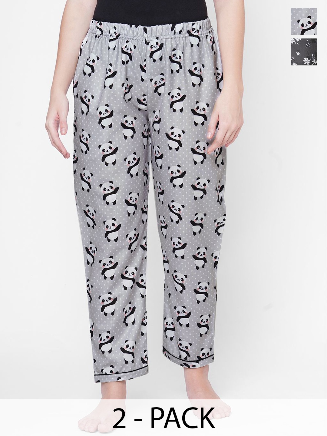 

NOIRA Women Pack Of 2 Printed Mid-Rise Lounge Pants, Grey