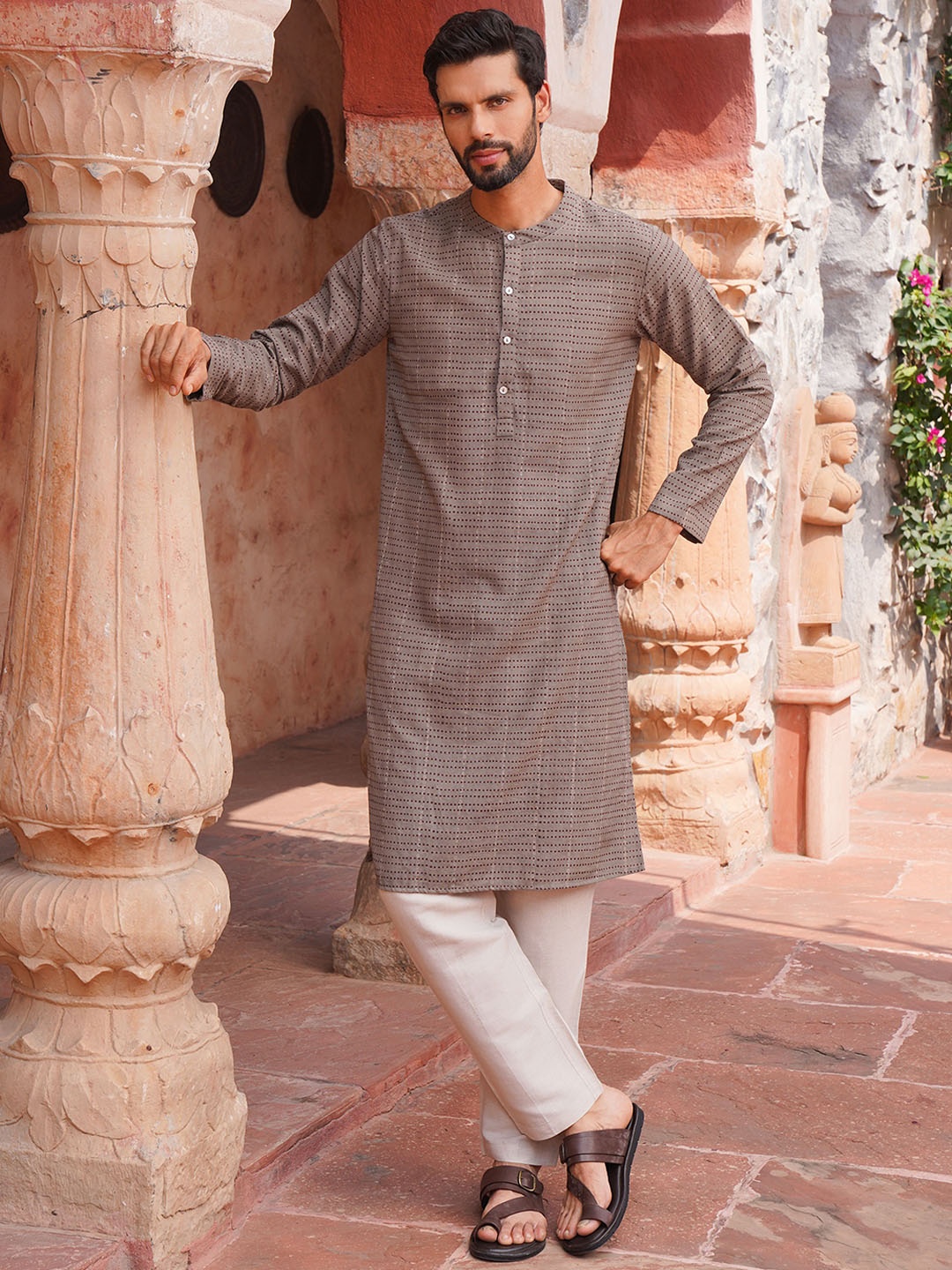 

JAYPORE Geometric Printed Mandarin Collar Cotton Straight Kurta, Grey