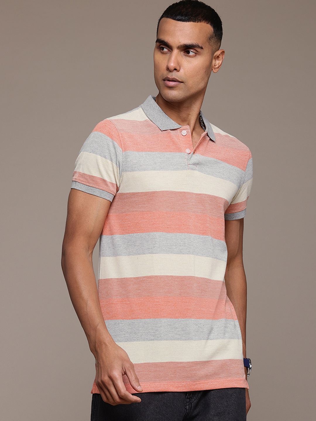 

Roadster Men Striped Polo Collar T-shirt, Multi