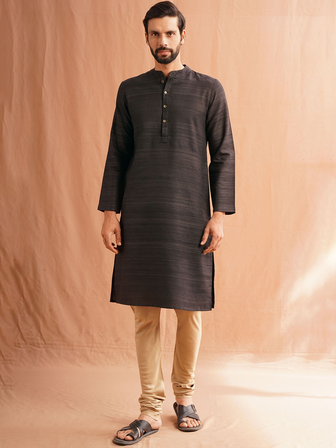 

JAYPORE Mandarin Collar Long Sleeves Cotton Silk Straight Kurta, Black