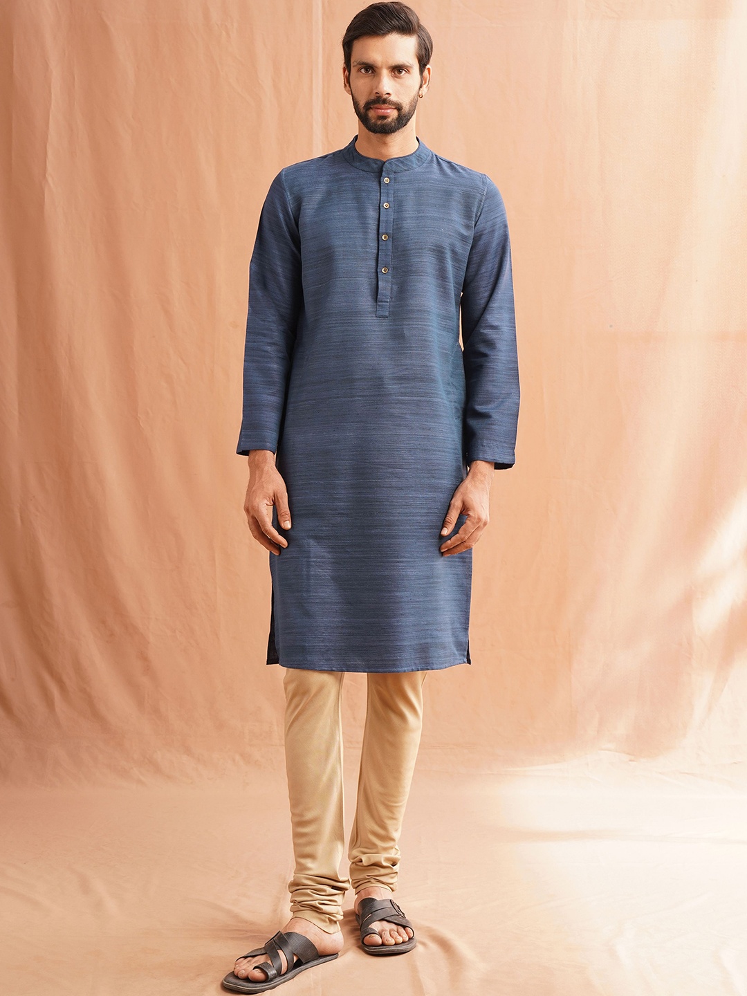 

JAYPORE Mandarin Collar Long Sleeves Cotton Silk Straight Kurta, Blue