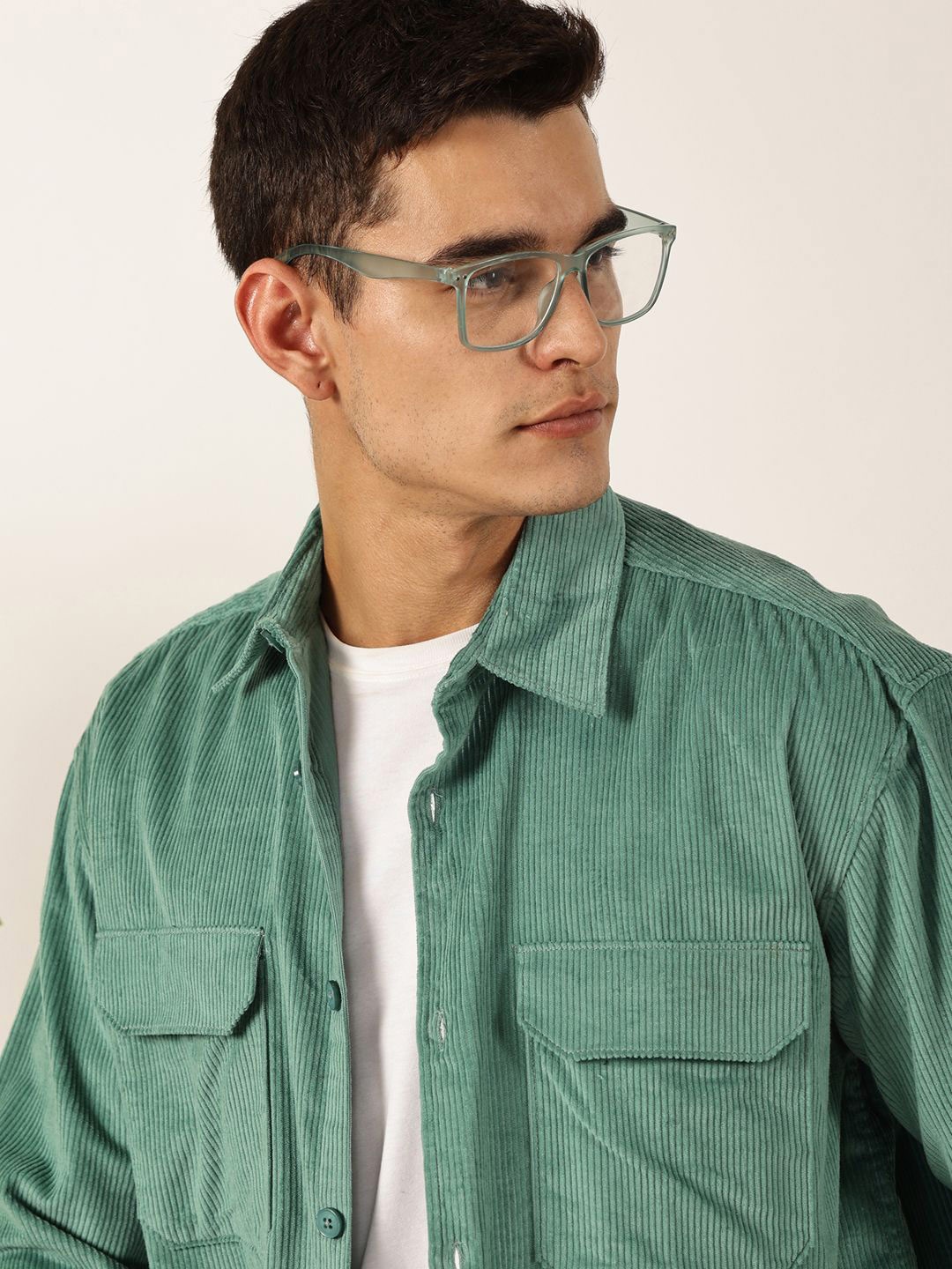 

Mast & Harbour Men Premium Spread Collar Textured Cotton Casual Shackets, Green