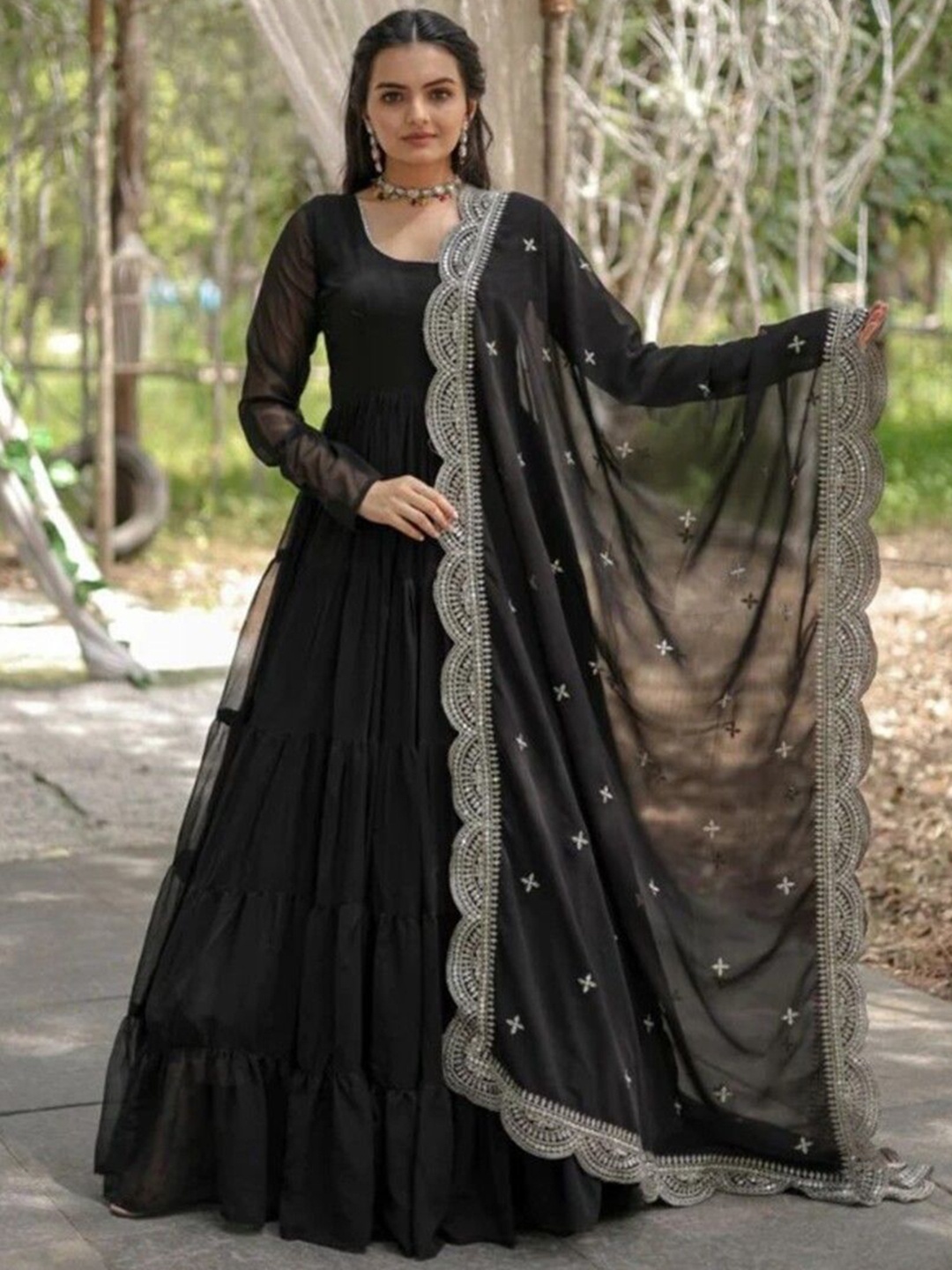 

Fashion Basket Round Neck Georgette Tiered Anarkali Kurta with Trouser & Dupatta, Black