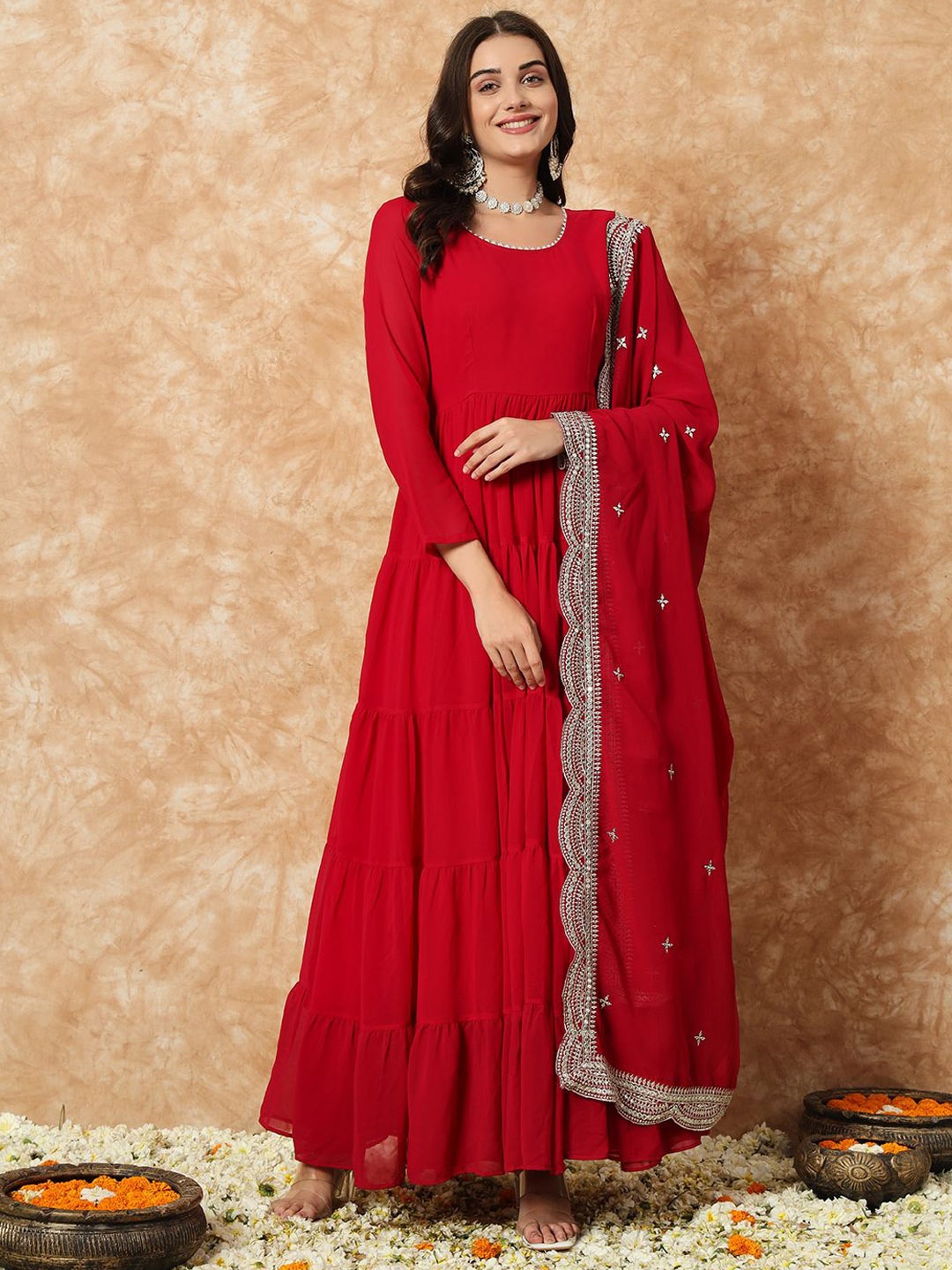 

Fashion Basket Round Neck Georgette Tiered Anarkali Kurta with Trouser & Dupatta, Maroon