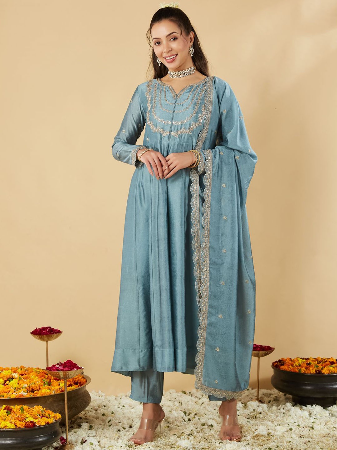 

MOKOSH Floral Embroidered Sequinned Notch Neck Anarkali Kurta With Trousers And Dupatta, Blue