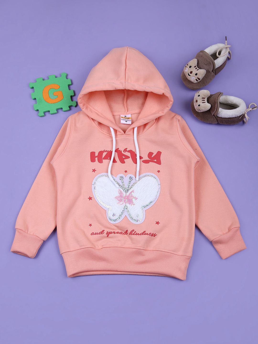 

V-Mart Girls Printed Hooded Sweatshirt, Peach