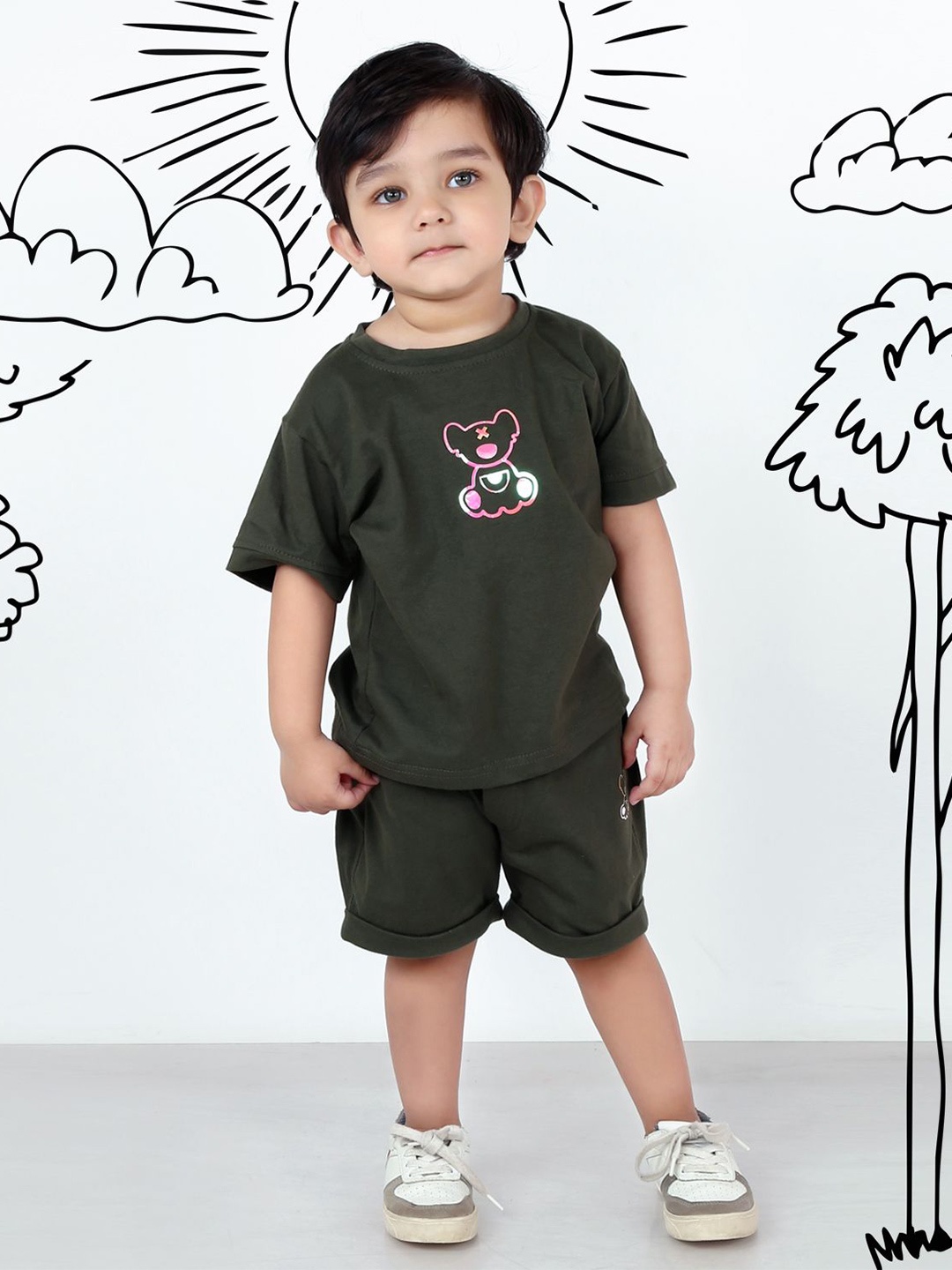 

MashUp Boys Printed Pure Cotton T-shirt with Shorts, Olive