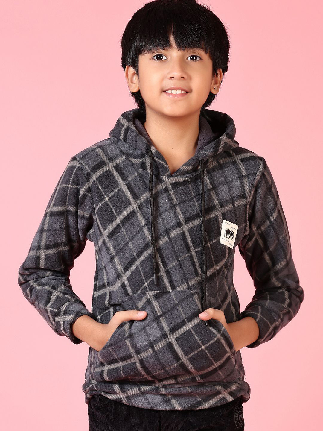 

V-Mart Boys Checked Hooded Sweatshirt, Grey