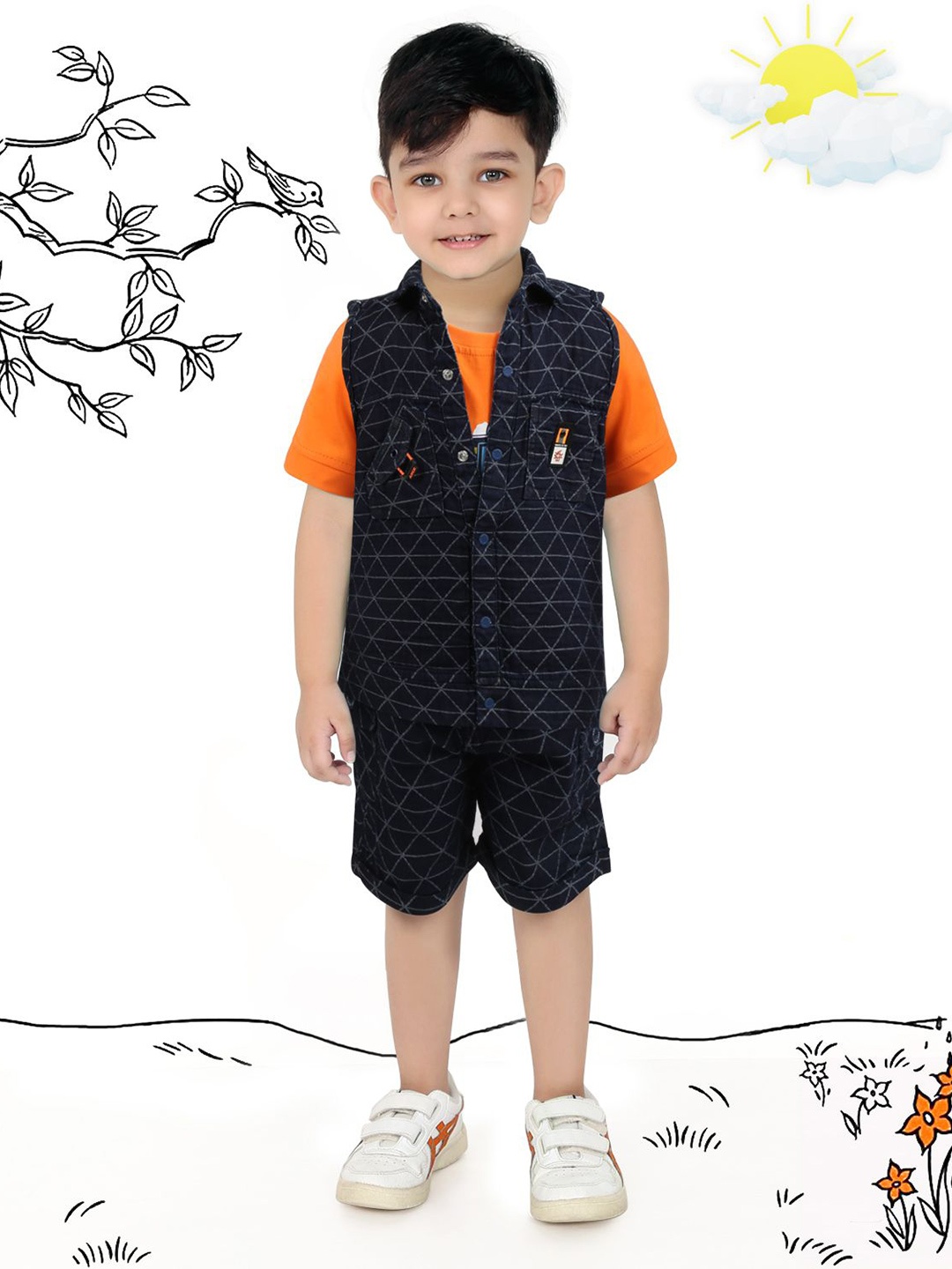 

MashUp Boys Printed Pure Cotton T-shirt And Shirt With Shorts, Navy blue