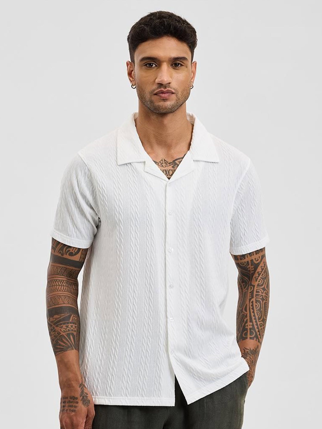 

Snitch Men Relaxed Fit Cuban Collar Textured Casual Shirt, White