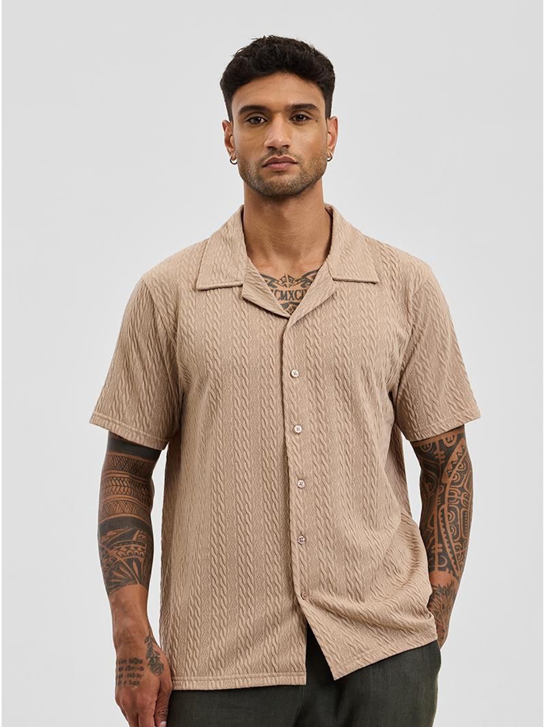

Snitch Men Relaxed Cuban Collar Textured Casual Shirt, Beige