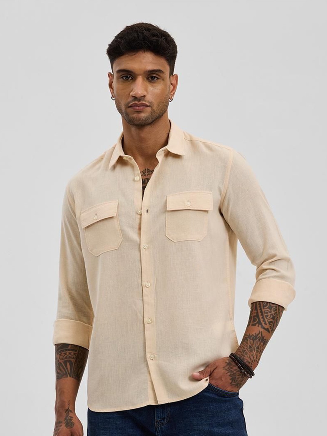 

Snitch Men Classic Spread Collar Solid Casual Shirt, Beige