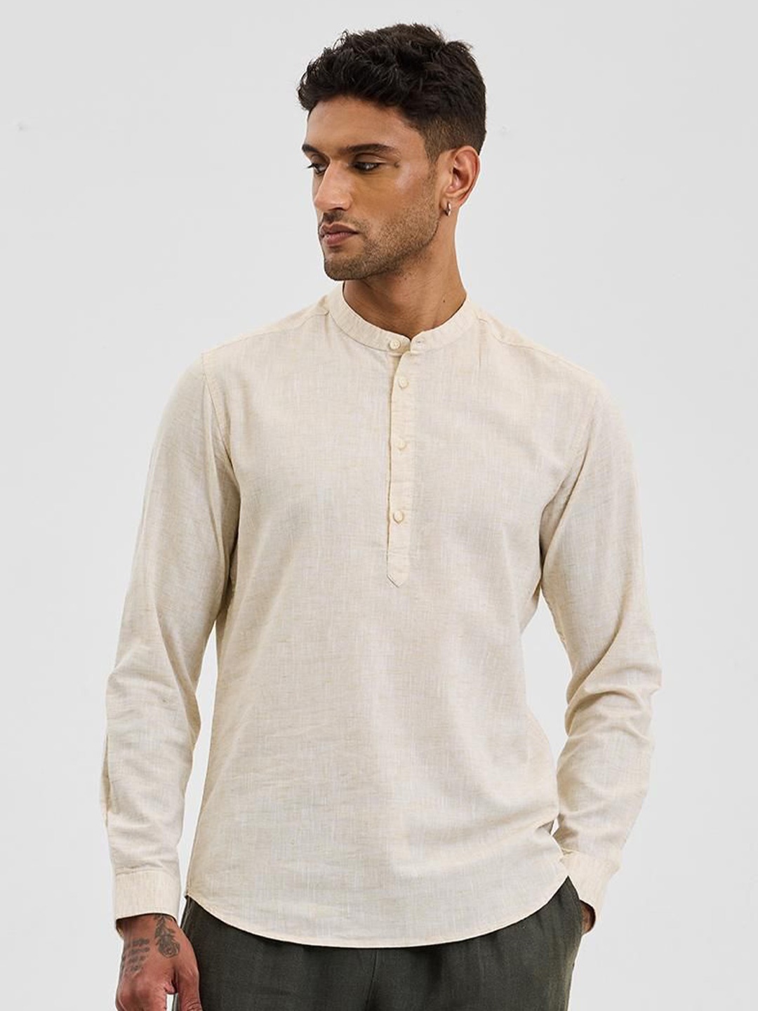 

Snitch Men Smart Fit Band Collar Textured Cotton Casual Shirt, Beige