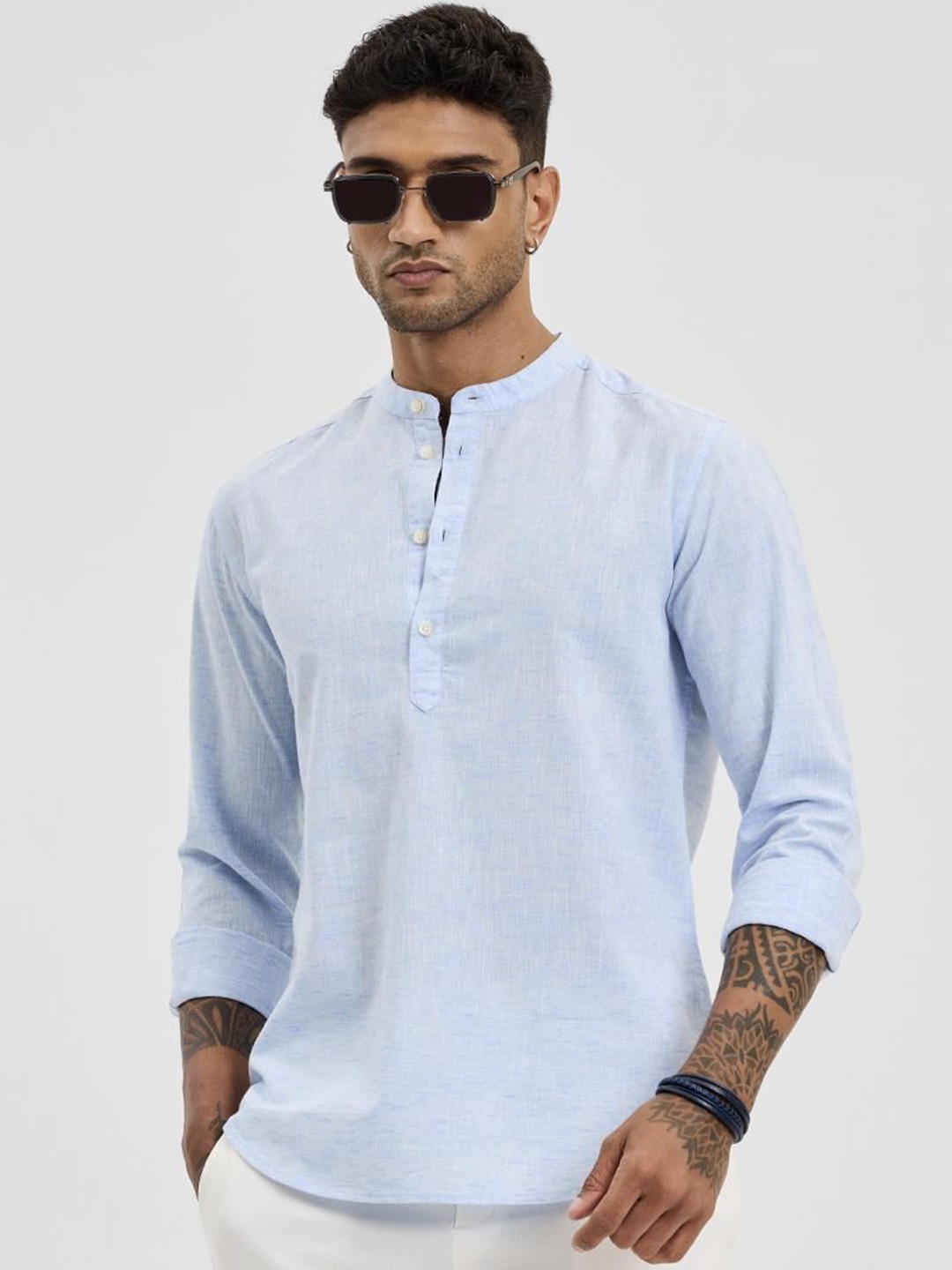 

Snitch Men Smart Band Collar Solid Cotton Casual Shirt, Blue