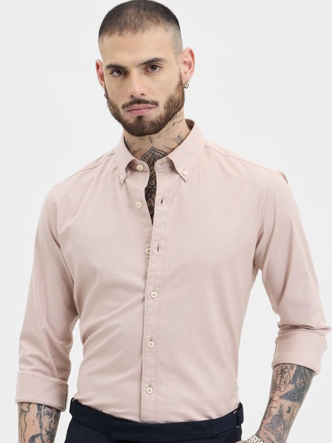

Snitch Men Smart Button-Down Collar Solid Cotton Formal Shirt, Cream