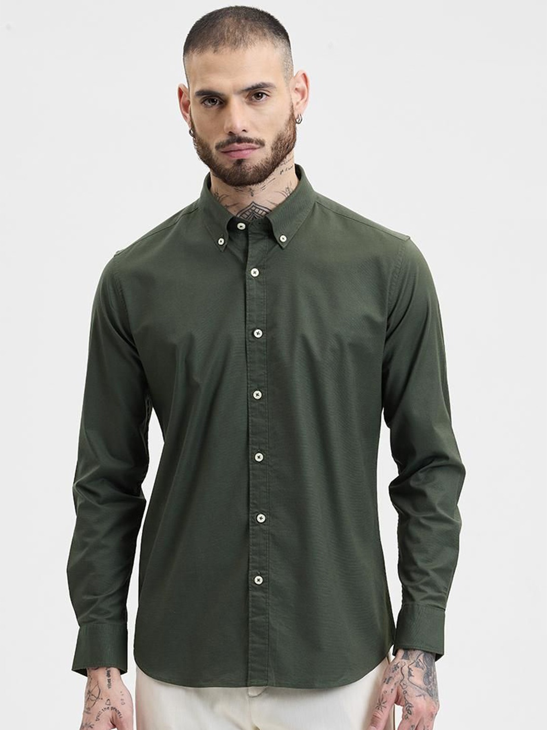 

Snitch Men Smart Button-Down Collar Textured Cotton Formal Shirt, Olive