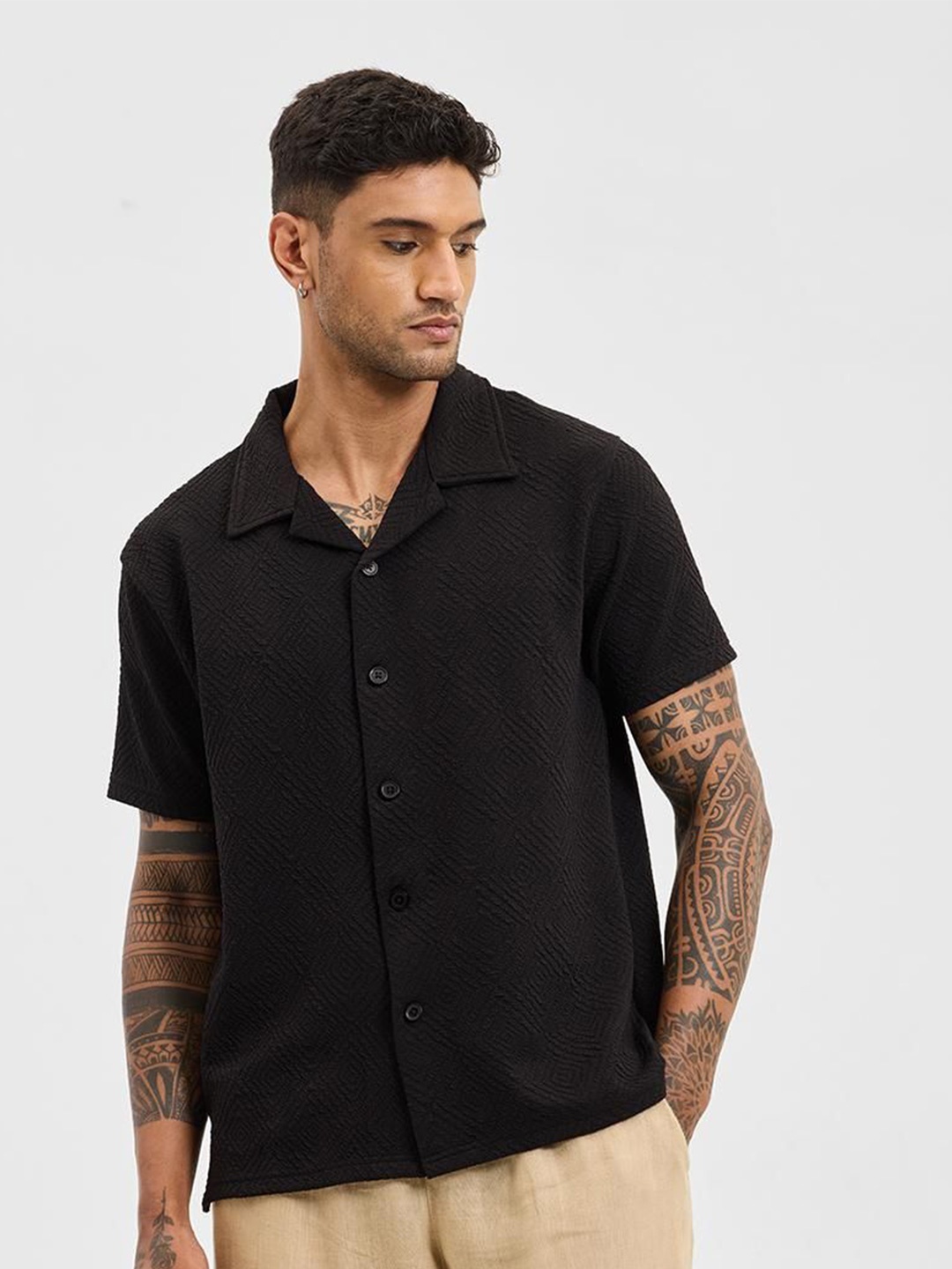 

Snitch Men Relaxed Cuban Collar Textured Casual Shirt, Black
