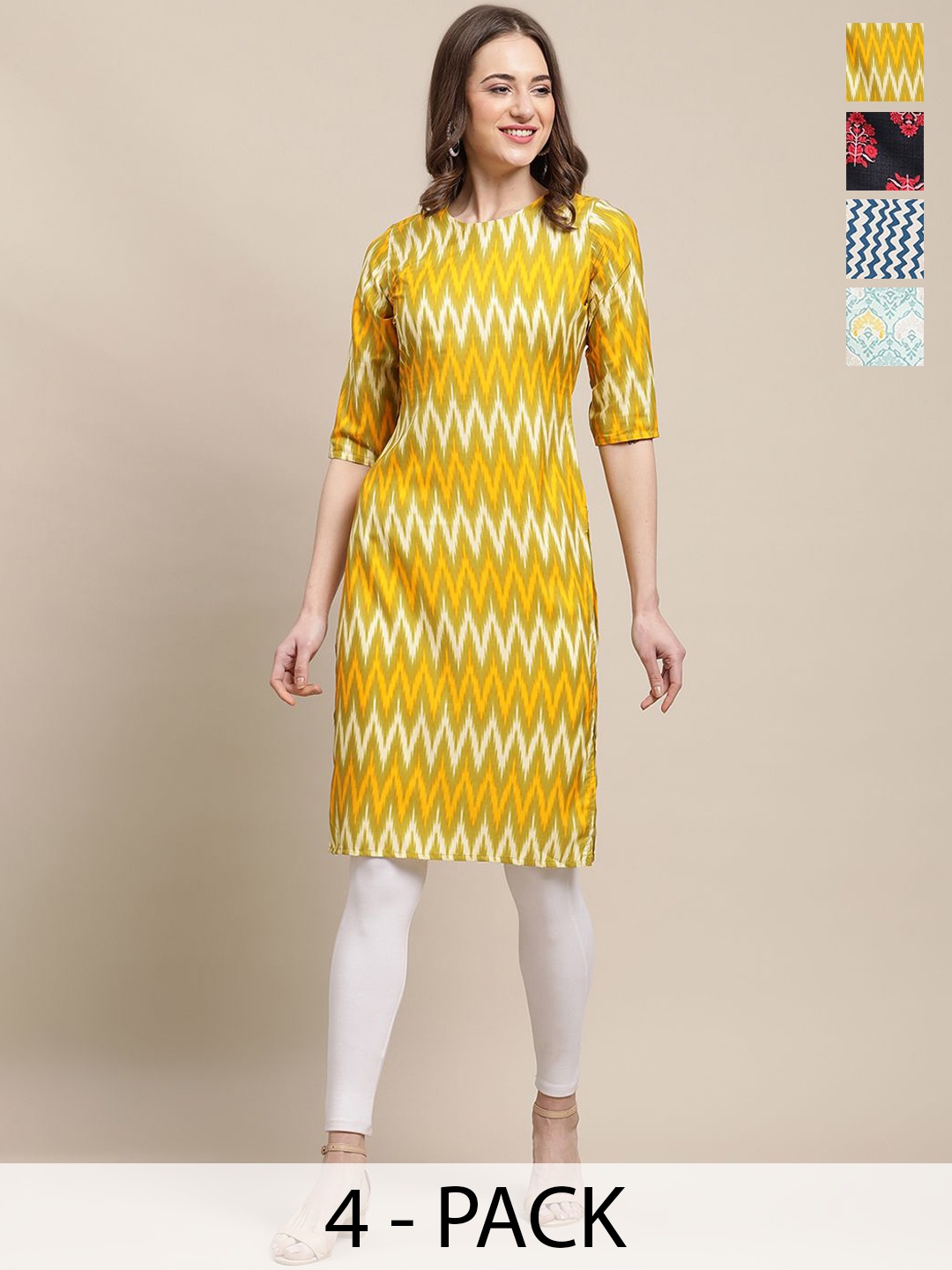 

7Threads Selection Of 4 Chevron Printed Round Neck Regular Sleeves Straight Kurtas, Yellow