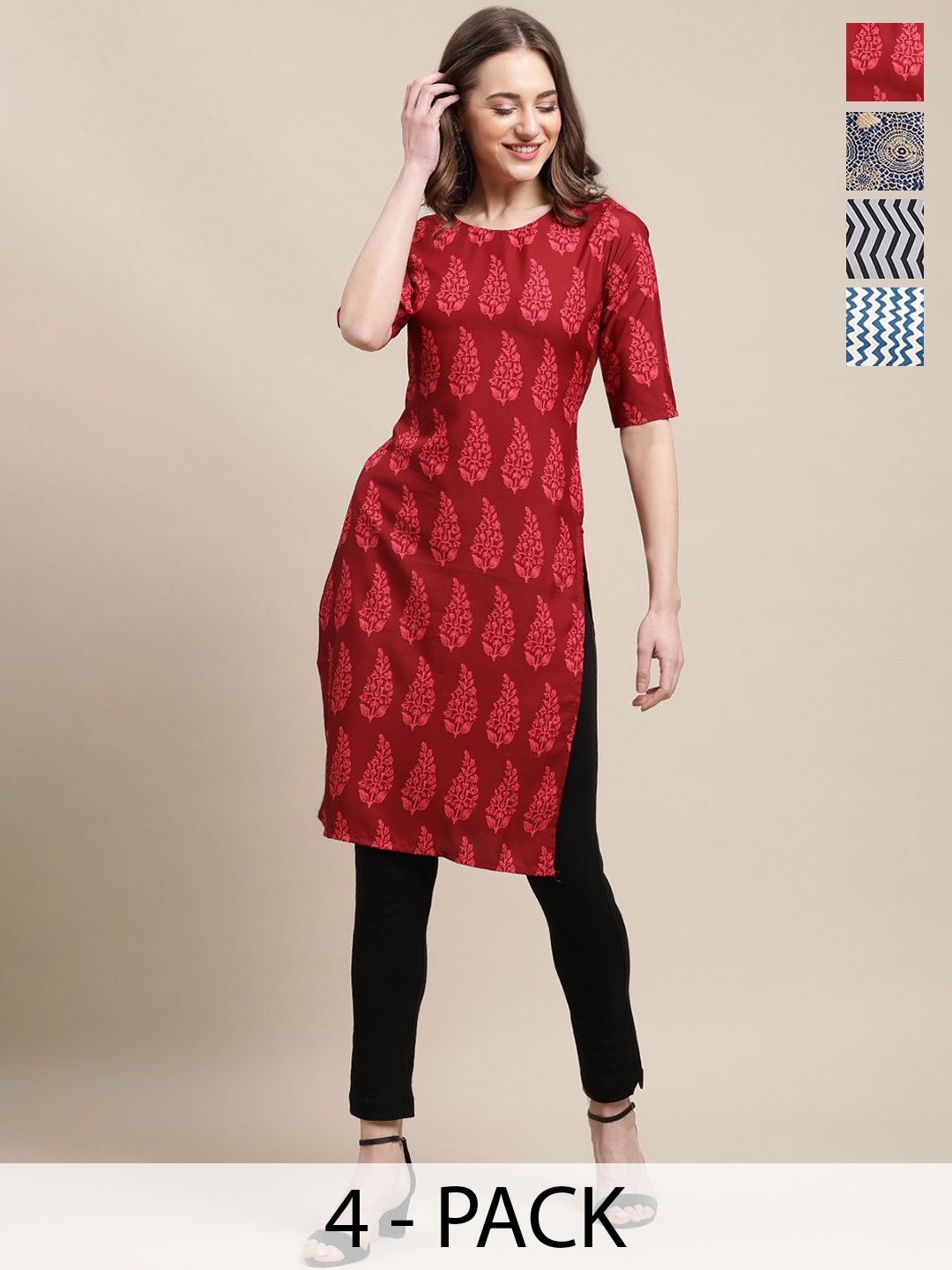 

7Threads Selection of 4 Ethnic Motifs Printed Round Neck Crepe Straight Kurtas, Red