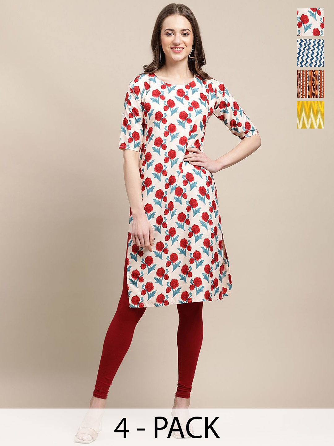 

7Threads Selection of 4 Floral Printed Round Neck Kurtas, White