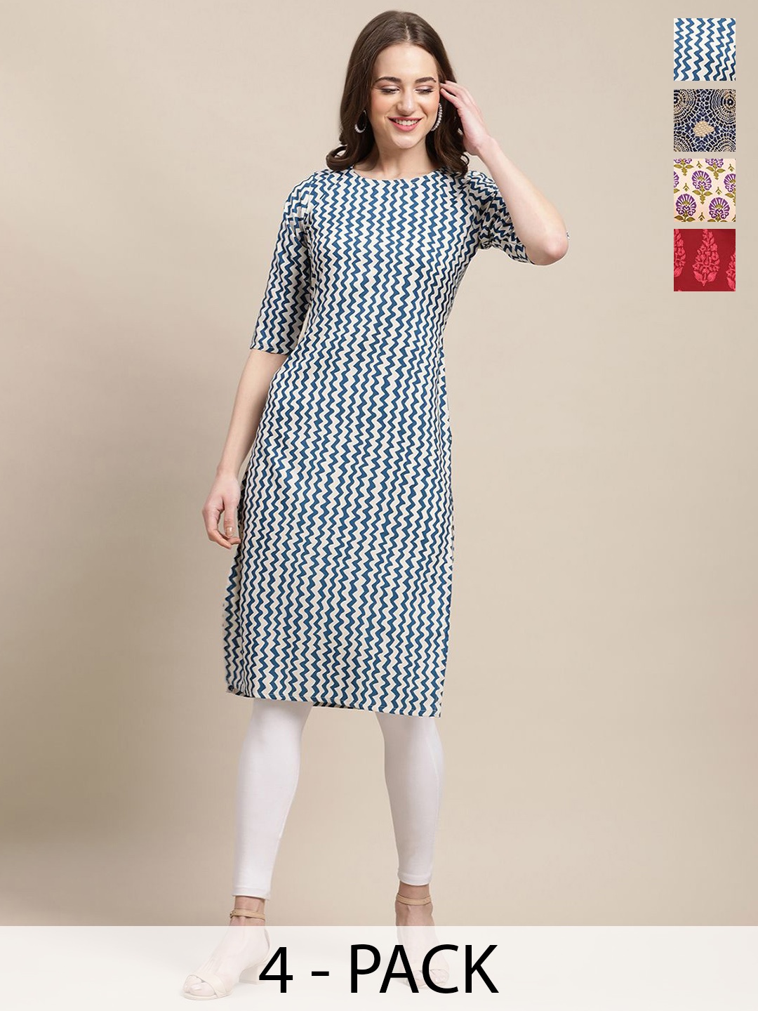 

7Threads Selection Of 4 Ethnic Motifs Printed Round Neck Crepe Straight Kurta, Off white