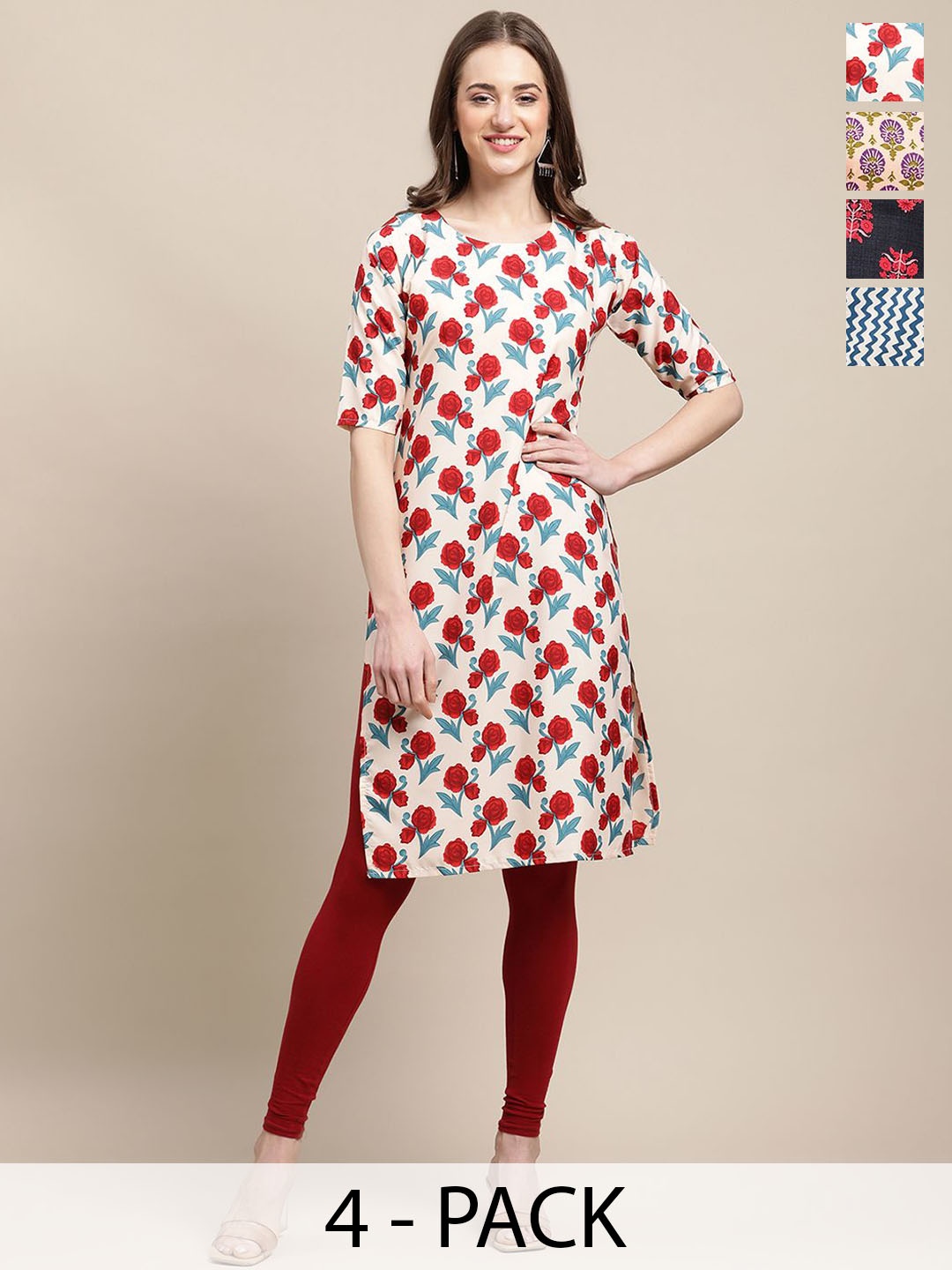 

7Threads Selection of 4 Ethnic Motifs Printed Crepe Straight Kurta, Red