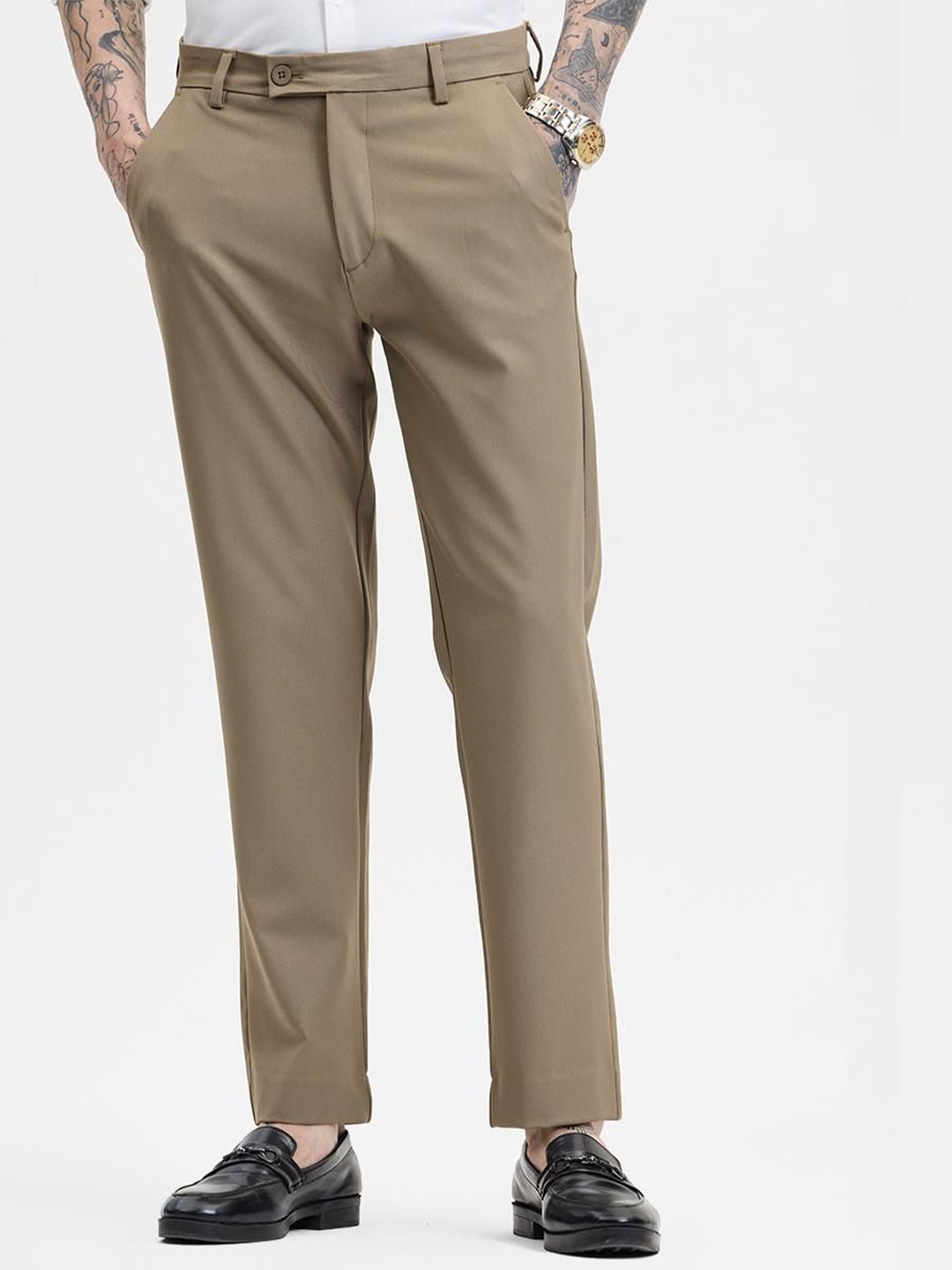 

Snitch Men Smart Slim Fit Mid-Rise Formal Trousers, Beige