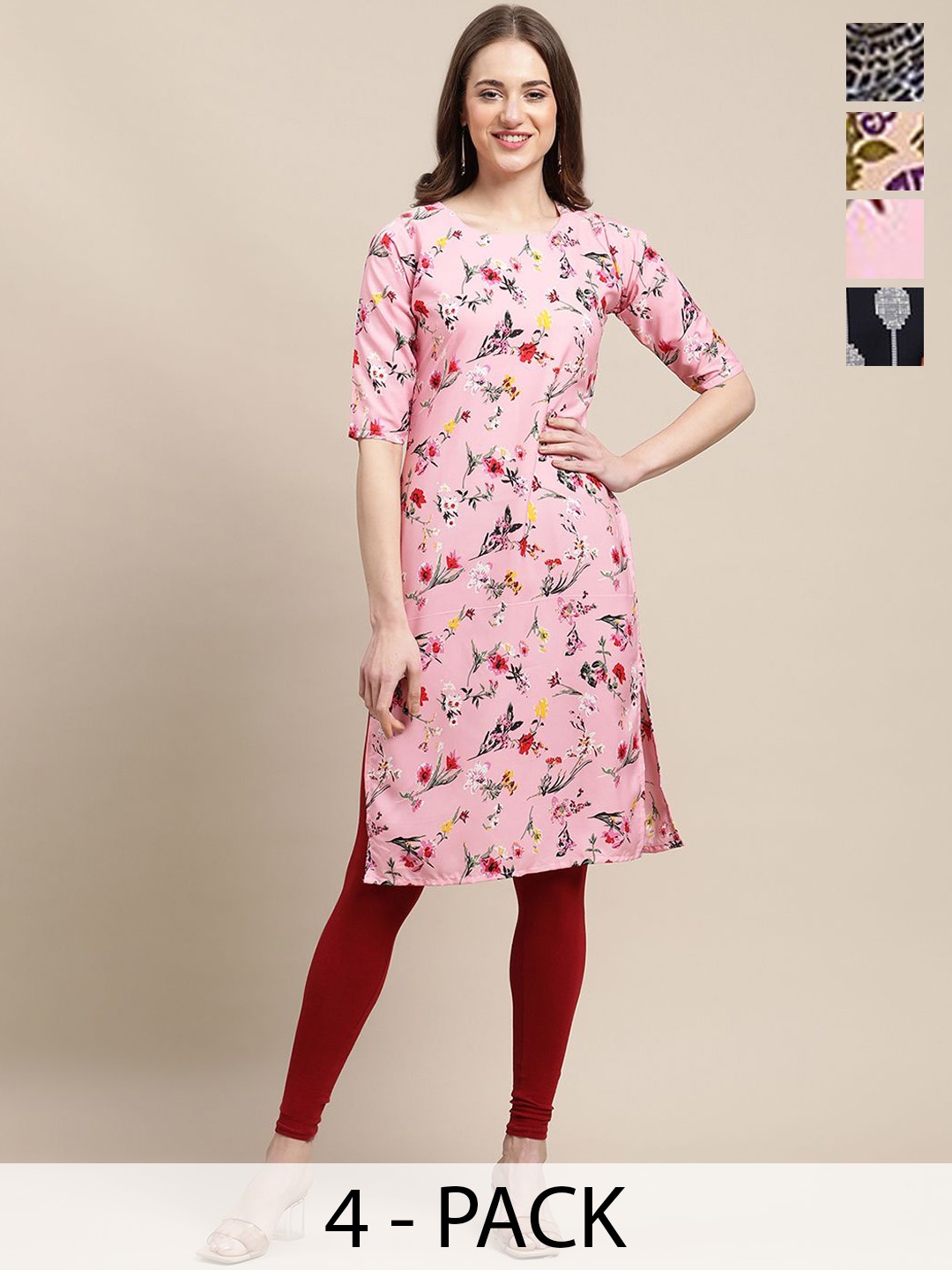 

7Threads Selection Of 4 Floral Printed Round Neck Straight Kurta, Pink