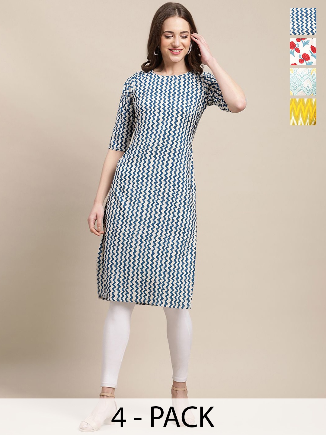 

7Threads Selection of 4 Chevron Printed Round Neck Straight Kurtas, Navy blue