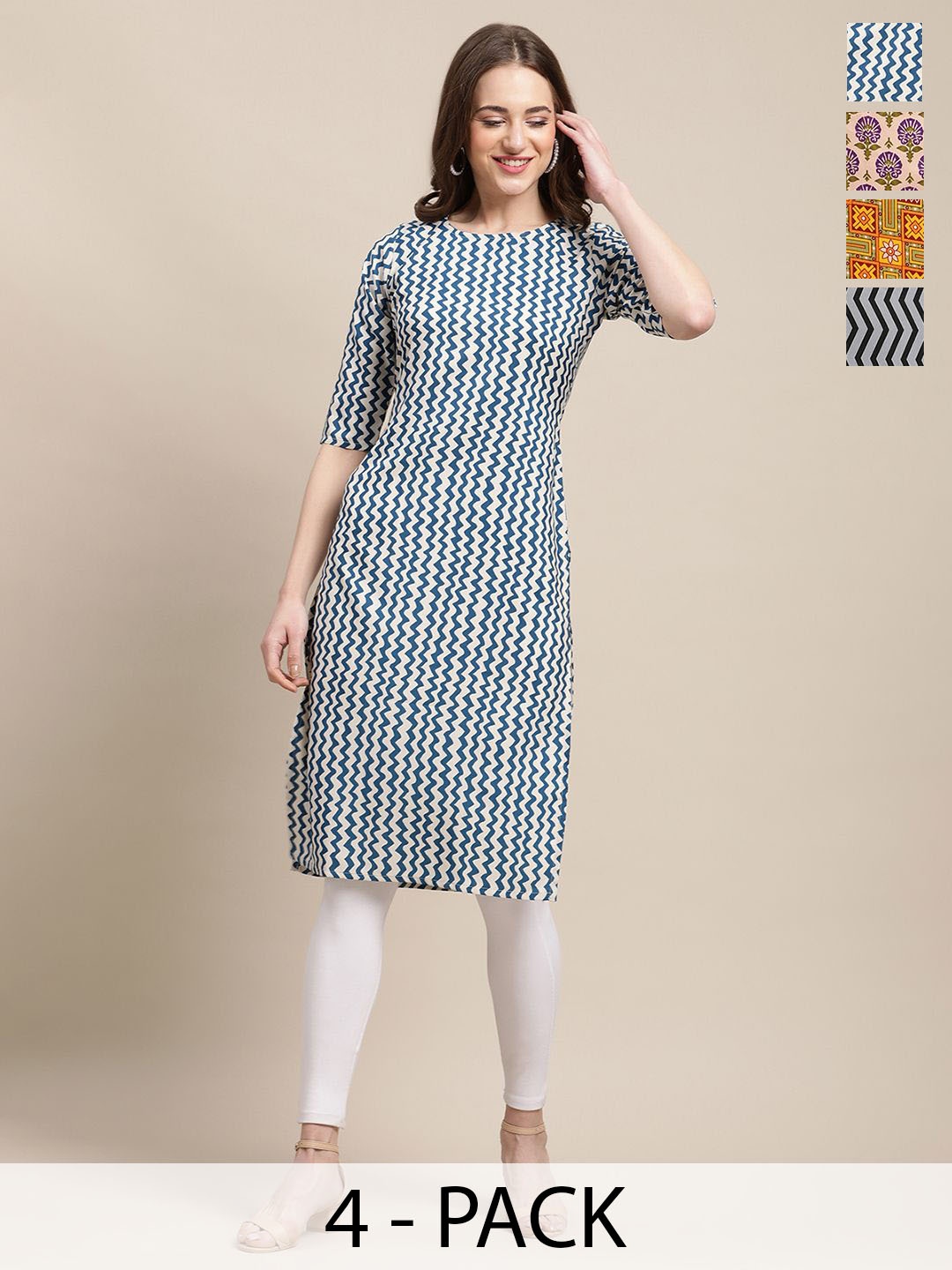 

7Threads Selection Of 4 Ethnic Motifs & Chevron Printed Crepe Straight Kurtas, Blue
