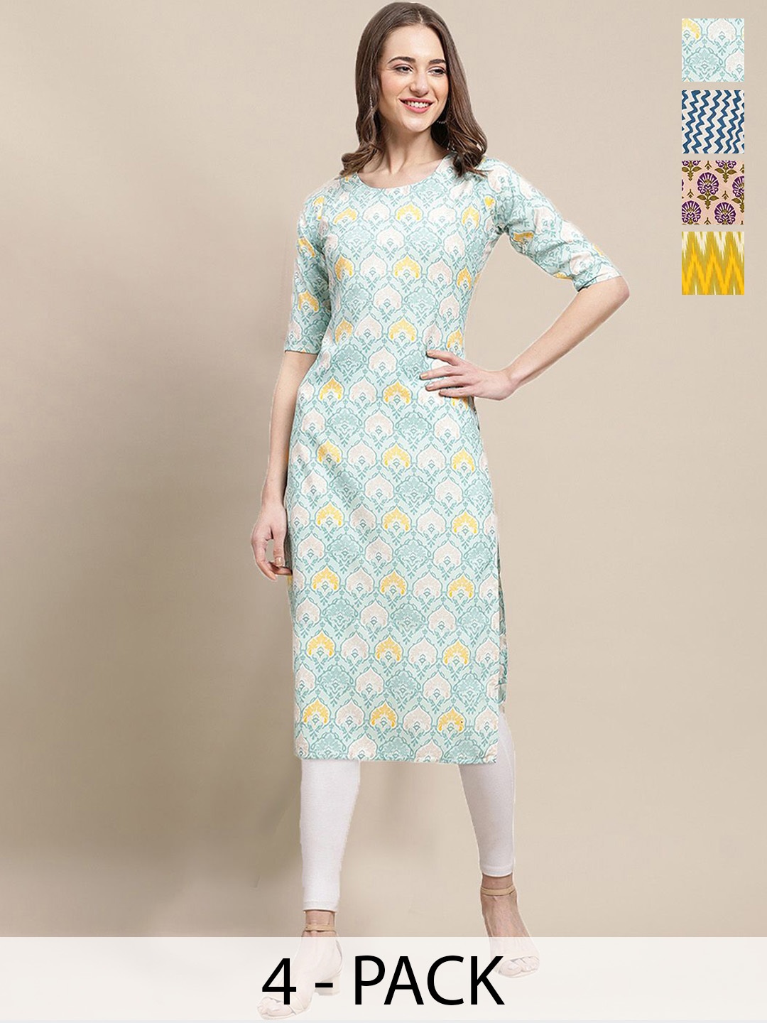 

7Threads Selection Of 4 Ethnic Motifs Printed Round Neck Straight Crepe Kurtas, Blue