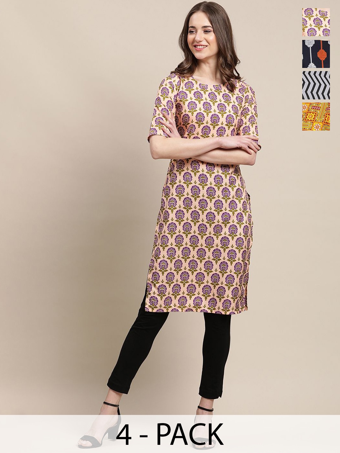 

7Threads Selection Of 4 Ethnic Motifs Printed Straight Kurta, Peach