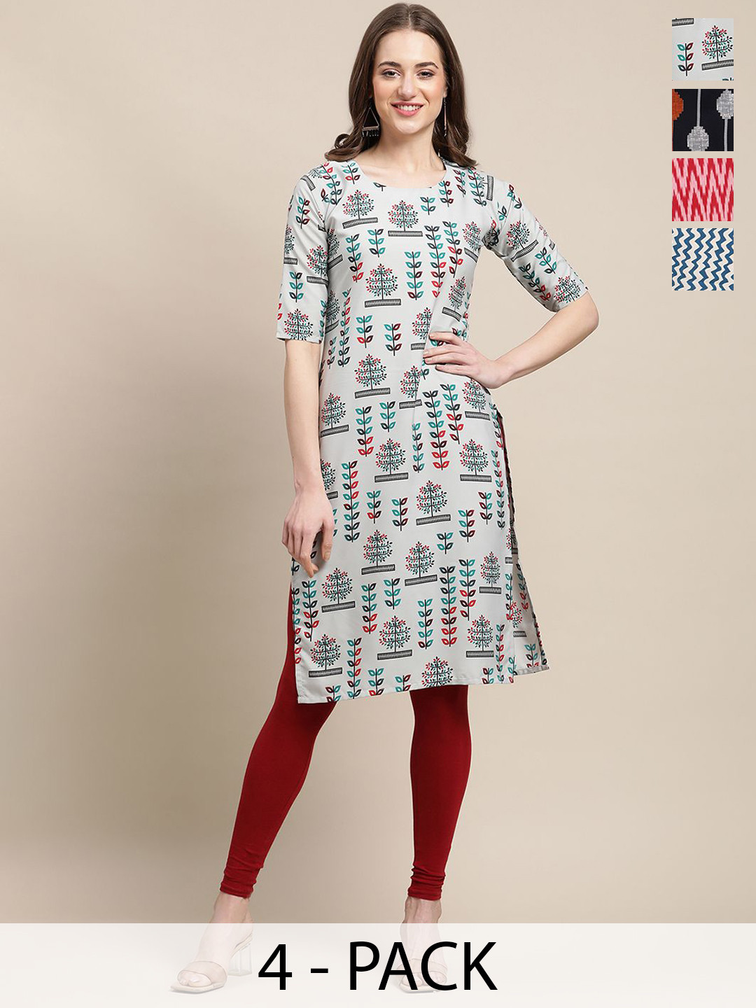

7Threads Selection of 4 Chevron Printed Round Neck Crepe Straight Kurtas, Green