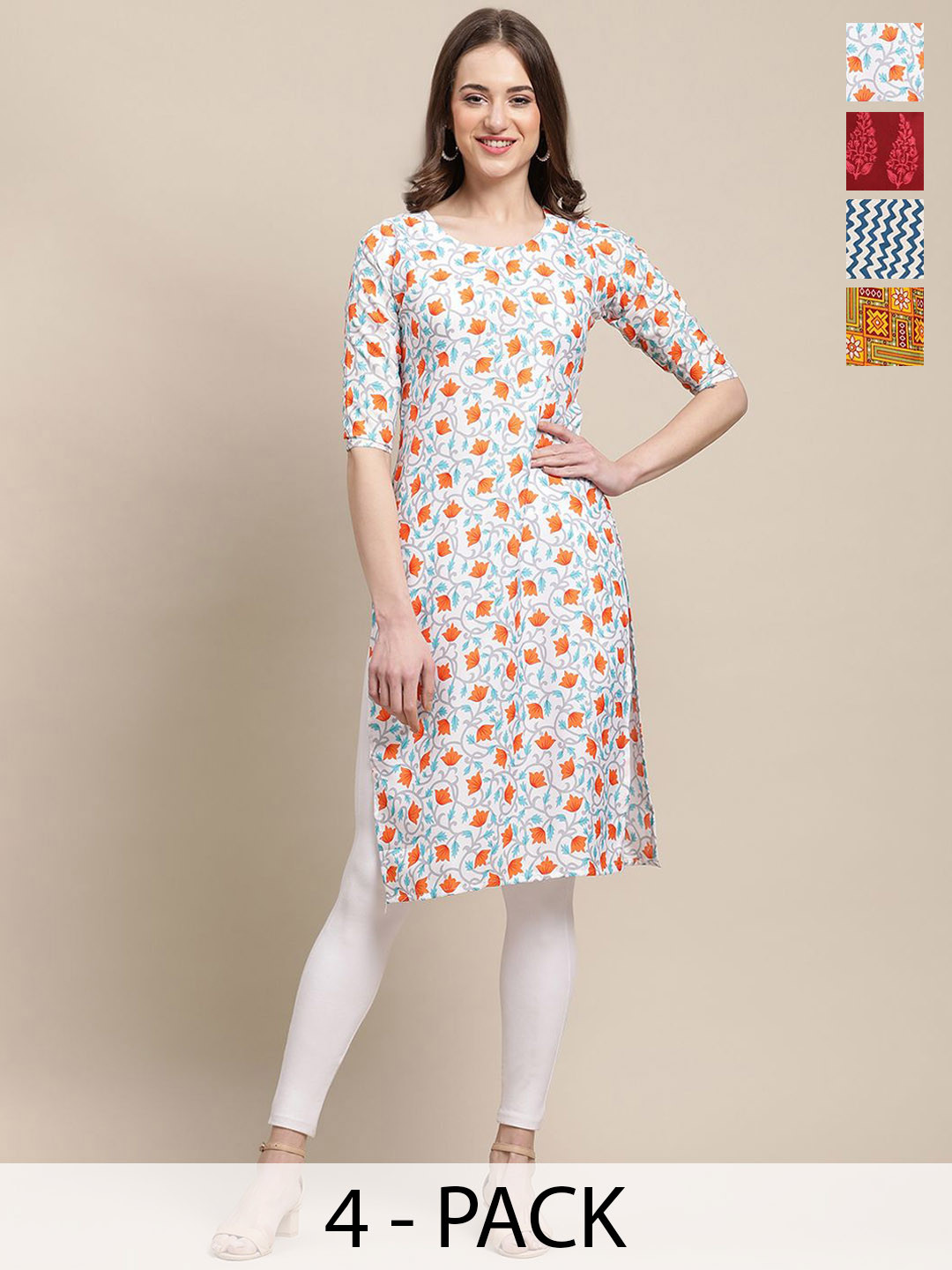 

7Threads Selection of 4 Geometric & Floral Printed Straight Kurtas, White