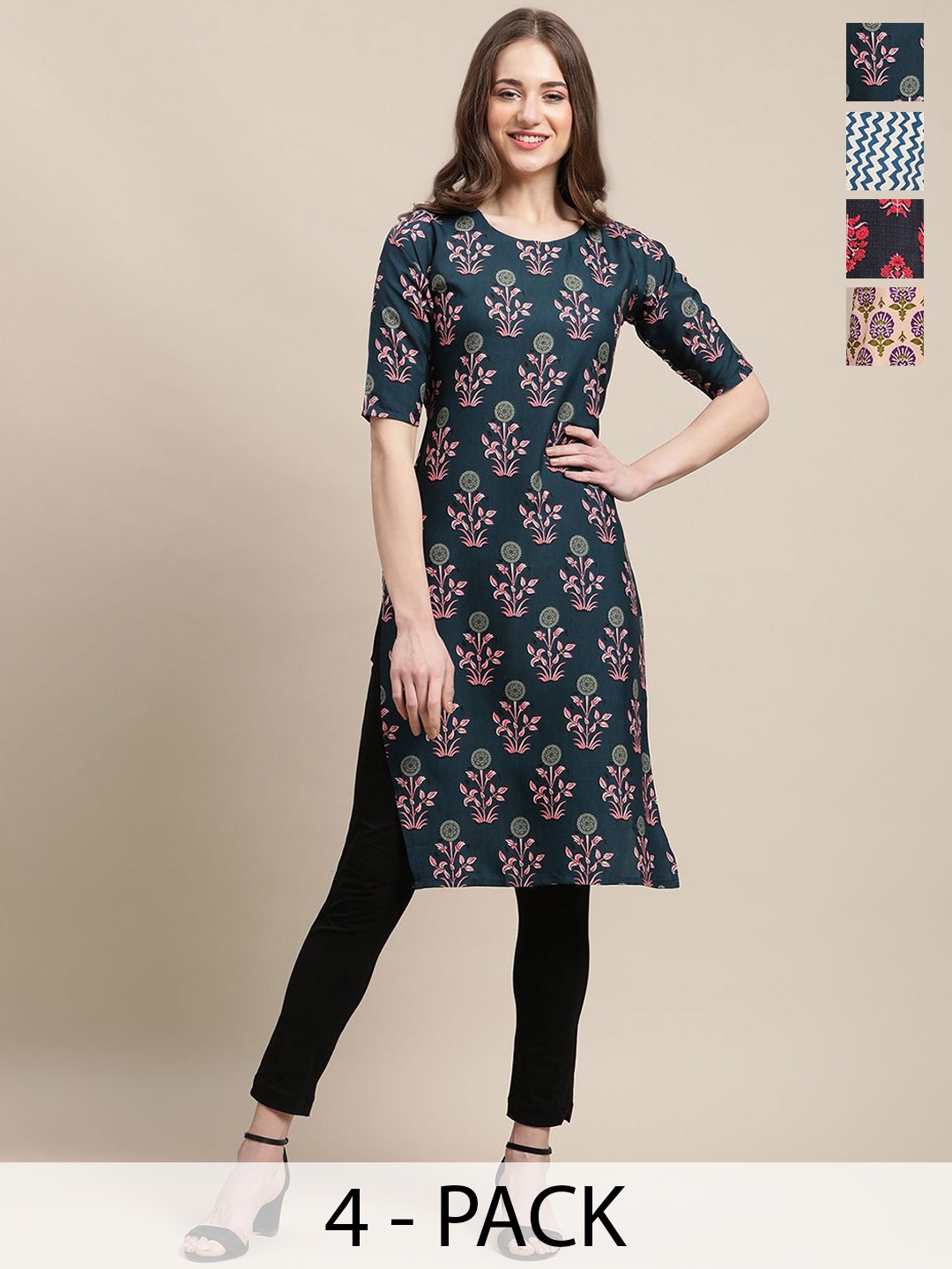 

7Threads Selection Of 4 Ethnic Printed Round Neck Kurtas, Red