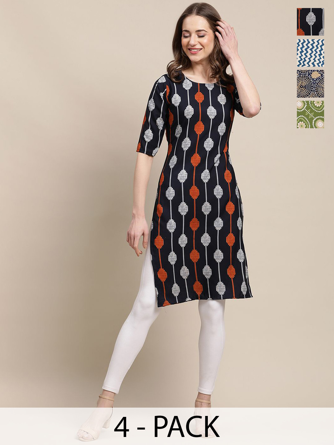 

7Threads Selection Of 4 Ethnic Motifs Printed Straight Kurtas, Black