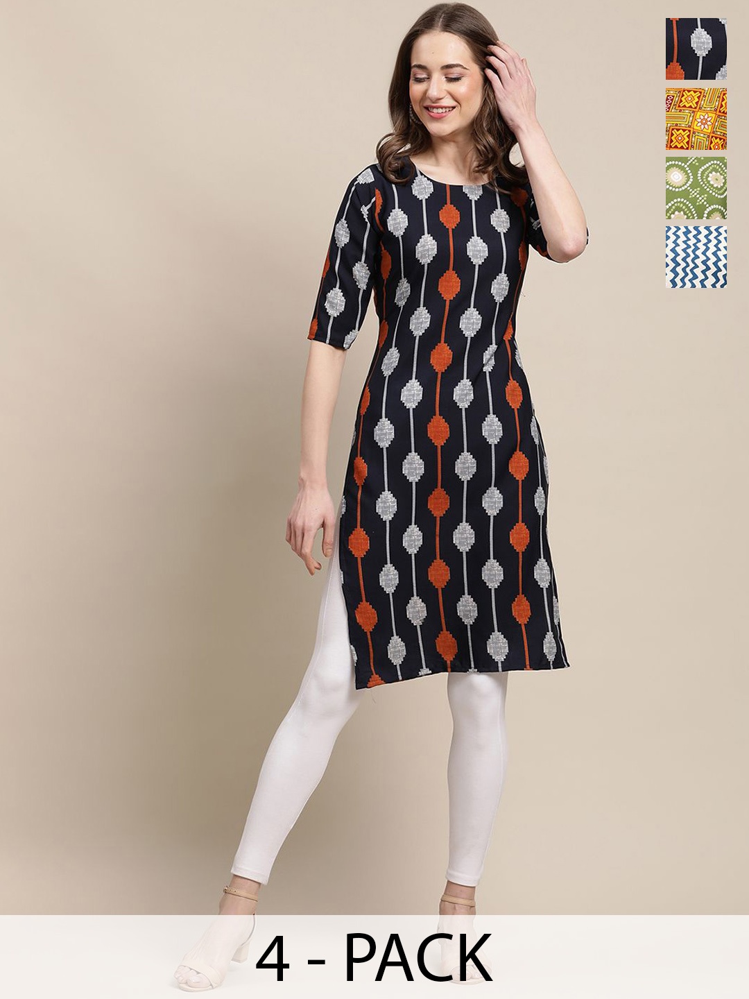 

7Threads Selection Of 4 Ethnic Motifs Printed Straight Kurta, Black