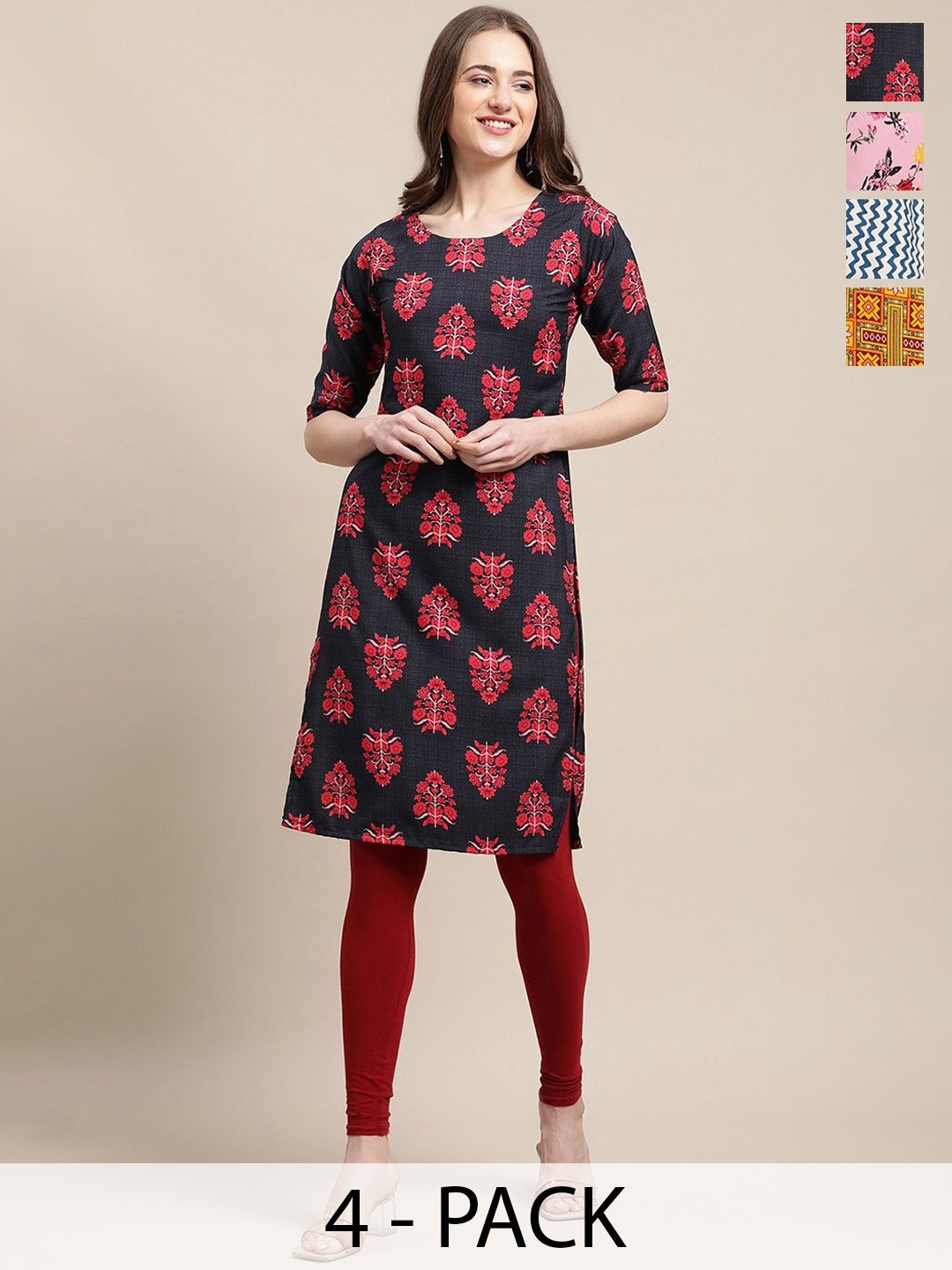 

7Threads Selection Of 4 Ethnic Motifs & Floral Printed Crepe Straight Kurtas, Navy blue