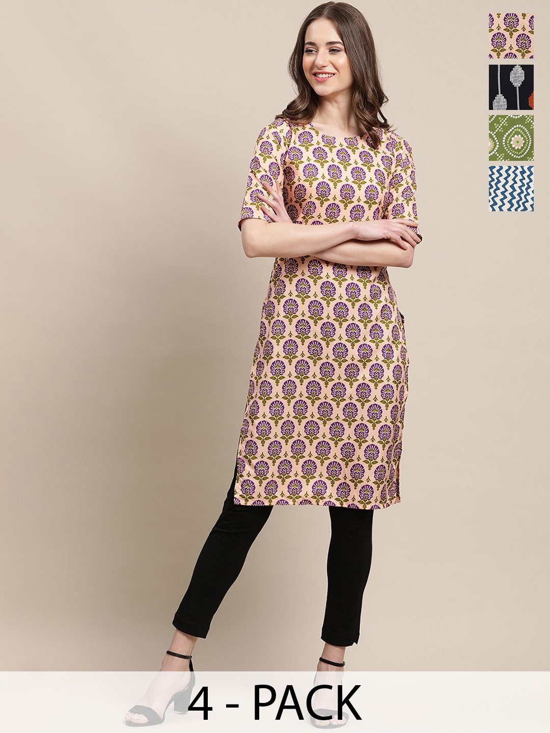

7Threads Selection Of 4 Ethnic Motifs Printed Straight Kurta, Beige
