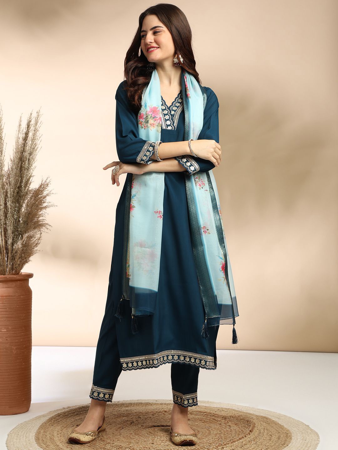 

MOKOSH Floral Embroidered Sequinned Straight Kurta With Trousers And Dupatta, Teal