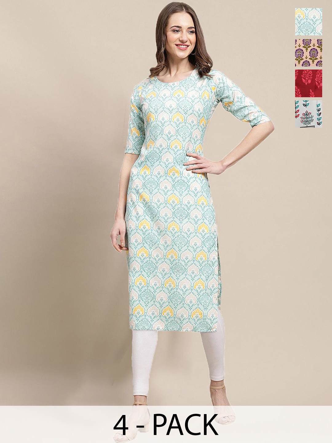 

7Threads Selection Of 4 Floral Printed Round Neck Straight Kurta, Blue