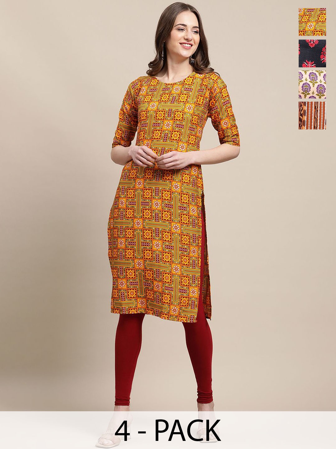 

7Threads Selection Of 4 Ethnic Motifs Printed Round Neck Straight Kurta, Orange