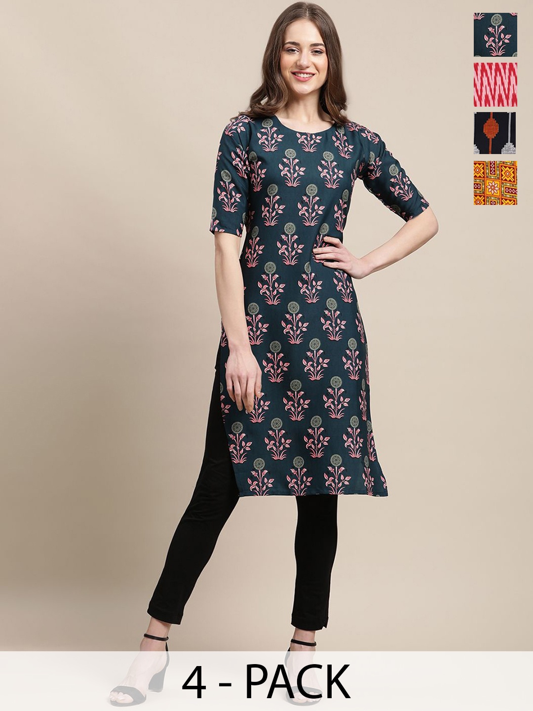 

7Threads Selection Of 4 Ethnic Motifs Printed Straight Kurtas, Green