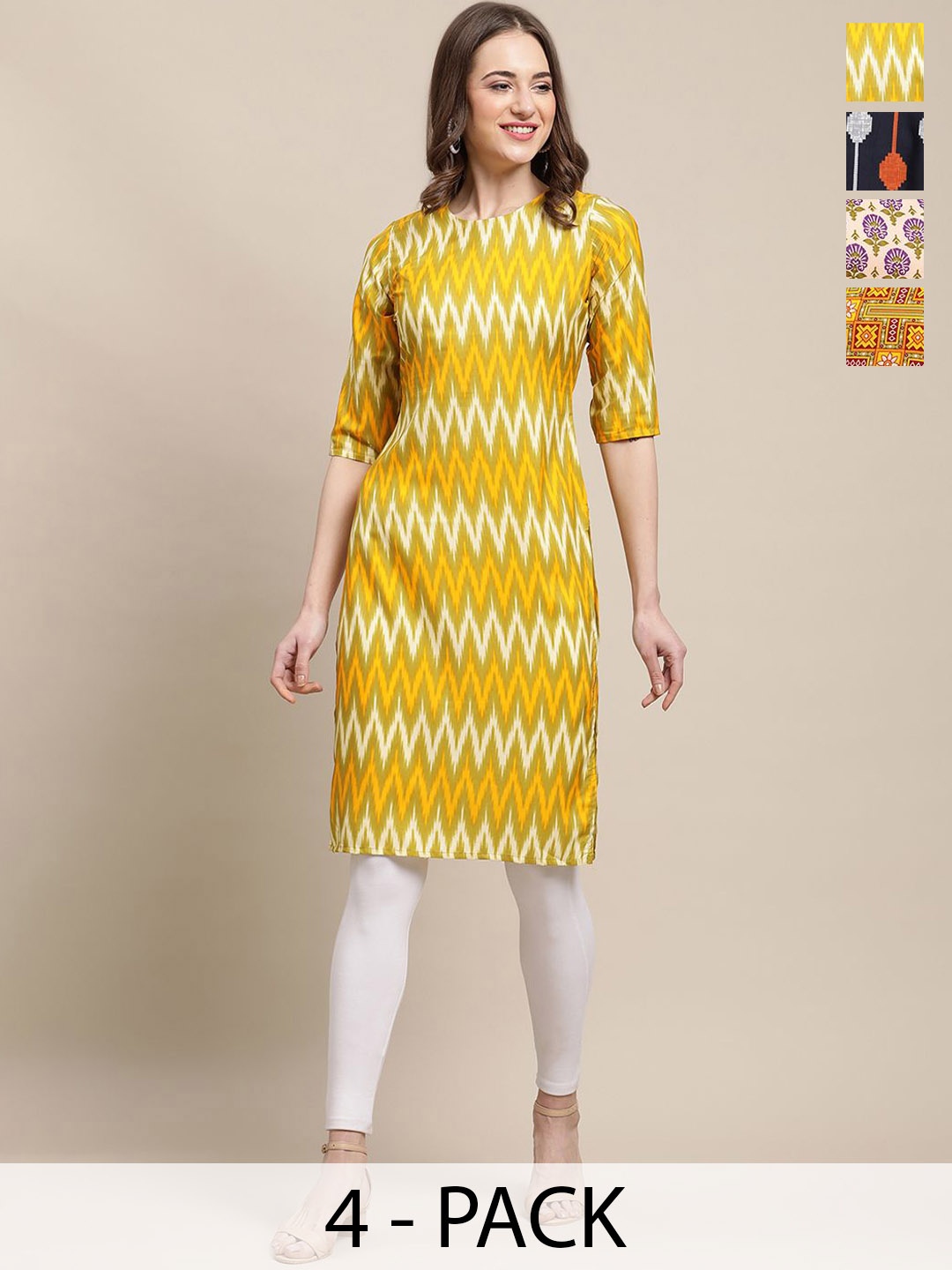 

7Threads Selection of 4 Chevron Printed Crepe Straight Kurta, Yellow