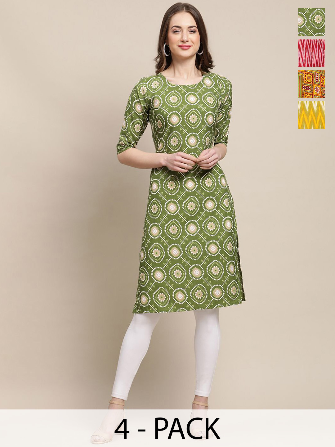 

7Threads Selection Of 4 Geometric Printed Round Neck Crepe Straight Kurta, Green