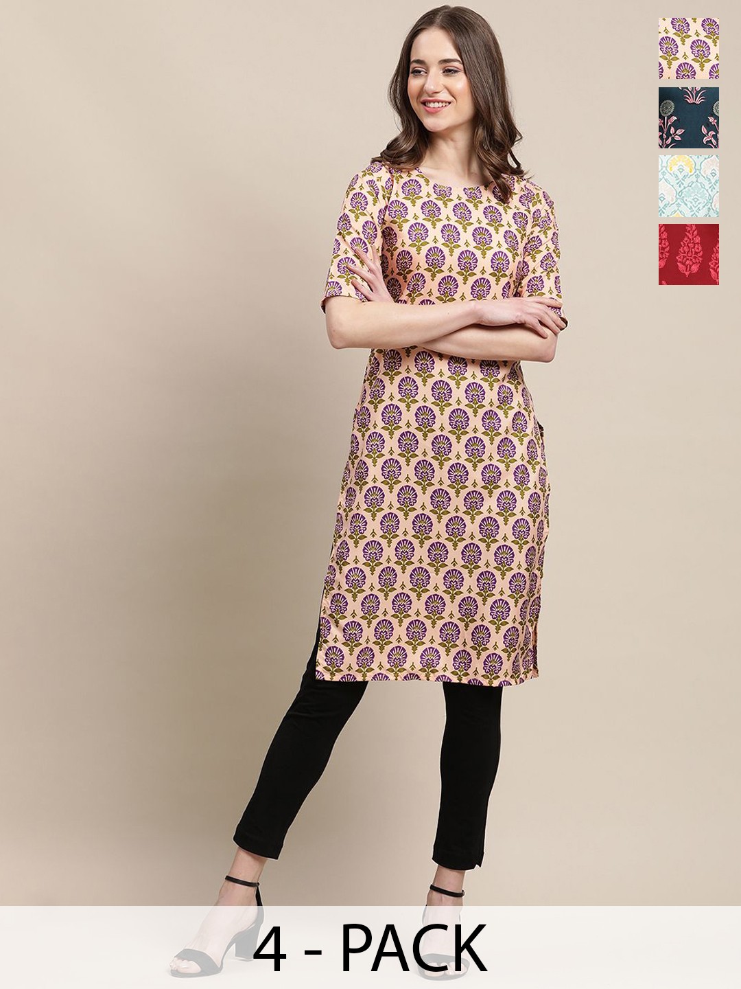 

7Threads Selection Of 4 Ethnic Motifs Printed Round Neck Crepe Straight Kurta, Pink