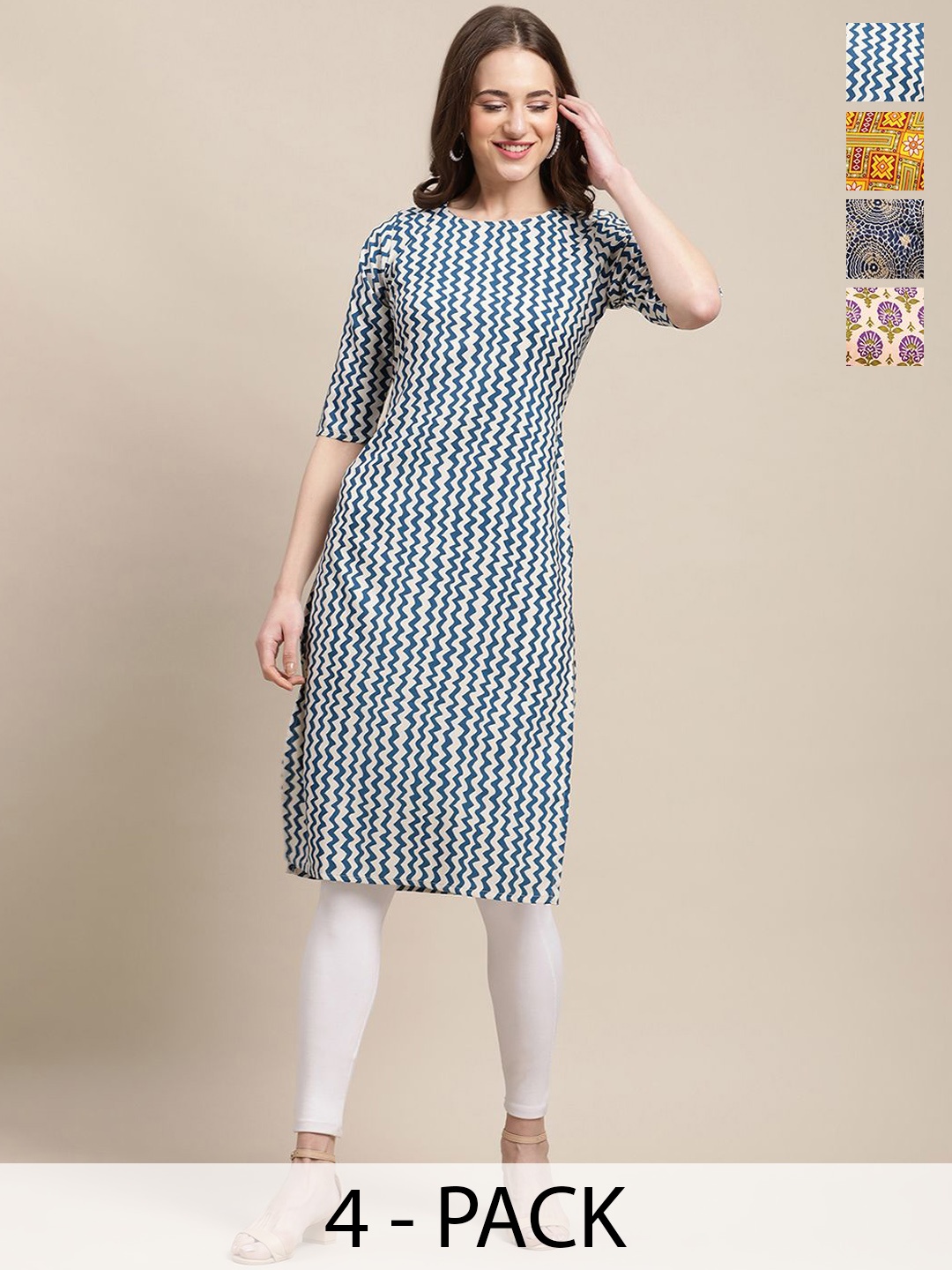 

7Threads Selection of 4 Chevron Printed Crepe Straight Kurta, Blue